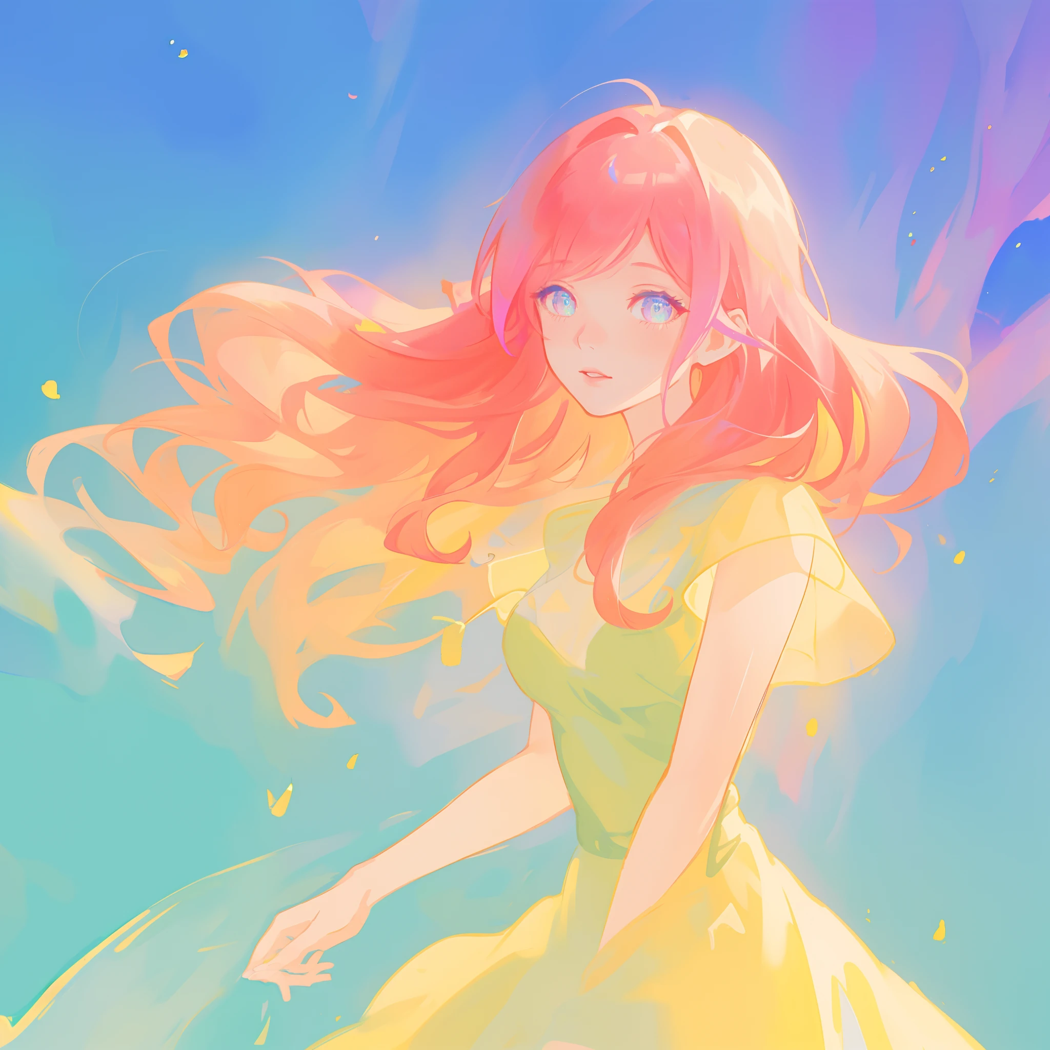 beautiful girl in colorful fluttering ballgown, long wavy peach pink hair, vibrant pastel colors, (colorful), colorful watercolor background, ethereal, magical lights, sparkling liquid light, inspired by Glen Keane, inspired by Lois van Baarle, disney art style, by Lois van Baarle, glowing aura around her, by Glen Keane, jen bartel, glowing lights! digital painting, flowing glowing hair, glowing flowing hair, beautiful digital illustration, fantasia background, whimsical, magical, fantasy, beautiful face, ((masterpiece, best quality)), intricate details, highly detailed, sharp focus, 8k resolution, sparkling detailed eyes, liquid watercolor