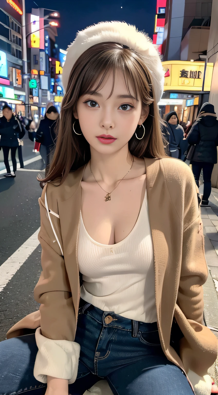 smile, cleavage, Photo realistic, High resolution, detailed background, detailed beautiful skin, detailed nose, soft lighting, (solo shot:1.23), (upper body:1.1), closed shot, (breast focused:1.3), looking at viewer, (((nice hand, perfect hand))), clear eyes,// japanese lady,cleavage, pale skin, mega breasts, 20 year old, // (((wearing louis vuitton))), long hair, street snap, ((facing viewer)), at the street tokyo, ((standing)),