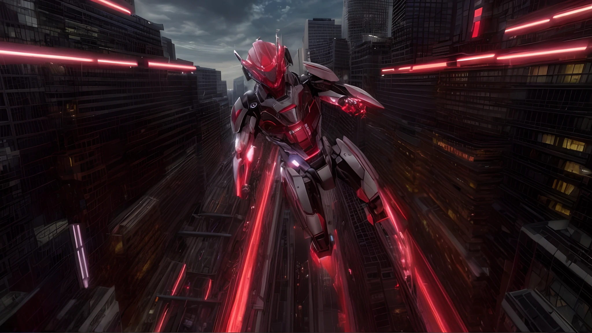 A close-up of a robot flying through a city at night, cyber suit, Epic 8K HD Anime Shot, cybernetic armor, High-tech red armor, Octane Render Sci - Fi, cyber fight armor, cybernetic armor, an epic anime of an energy man, cyber japan armor, Cyberpunk Iron Man, Armadura estilo Cyber Japan, anime mecha aesthetic. Fondo: Cielo nocturno.
