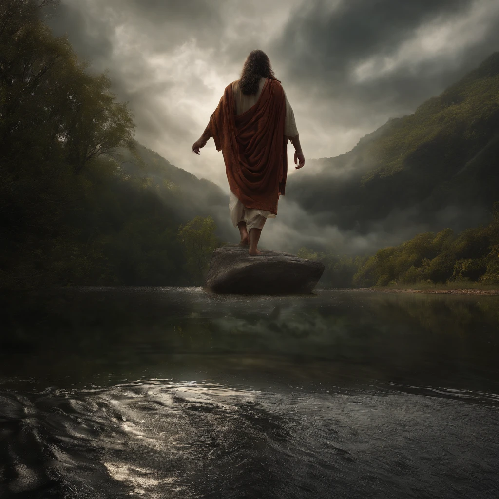 ((Full body, front view, closeup)). Jesus walking on water in a storm, masterpiece, best quality, high quality, extremely detailed CG unit 8k wallpaper, award winning photography, Bokeh, Depth of Field, HDR, bloom, Chromatic aberration, photorealistic, extremely detailed, trending on artstation, trending on CGsociety, intricate, high detail, dramatic, mid-journey art, volumetric lighting