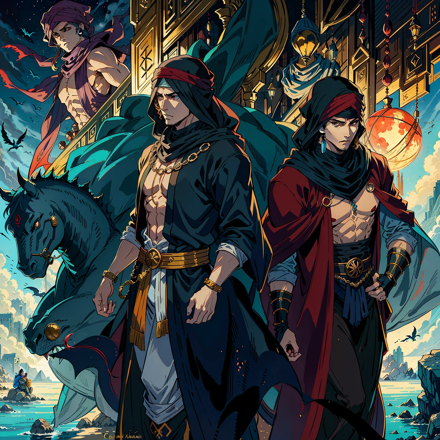 Moroccan Islamic Castlevania lords of the shadows turban rouge Visage effrayant Hokuto No Ken Structure Visage musclé Kenshiro chevauchant un dragon de feu légendaire Dragon effrayant marchant avec son armée marocaine