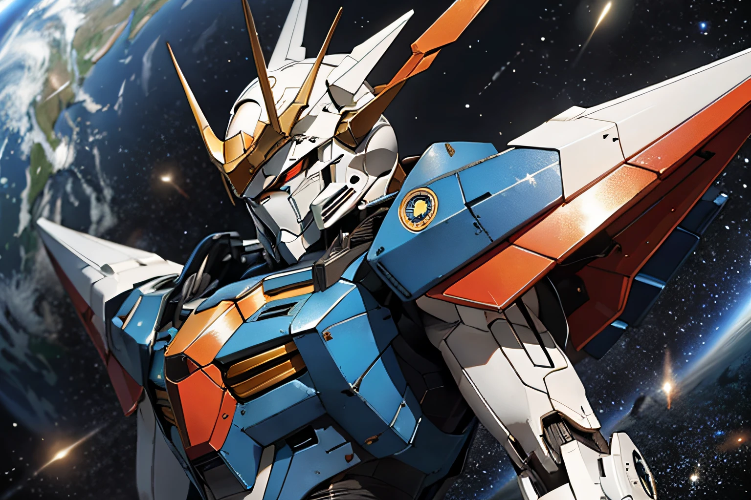 Mobile Suit Gundam with a blue and white body、Fly in outer space。Earth with stars on background、