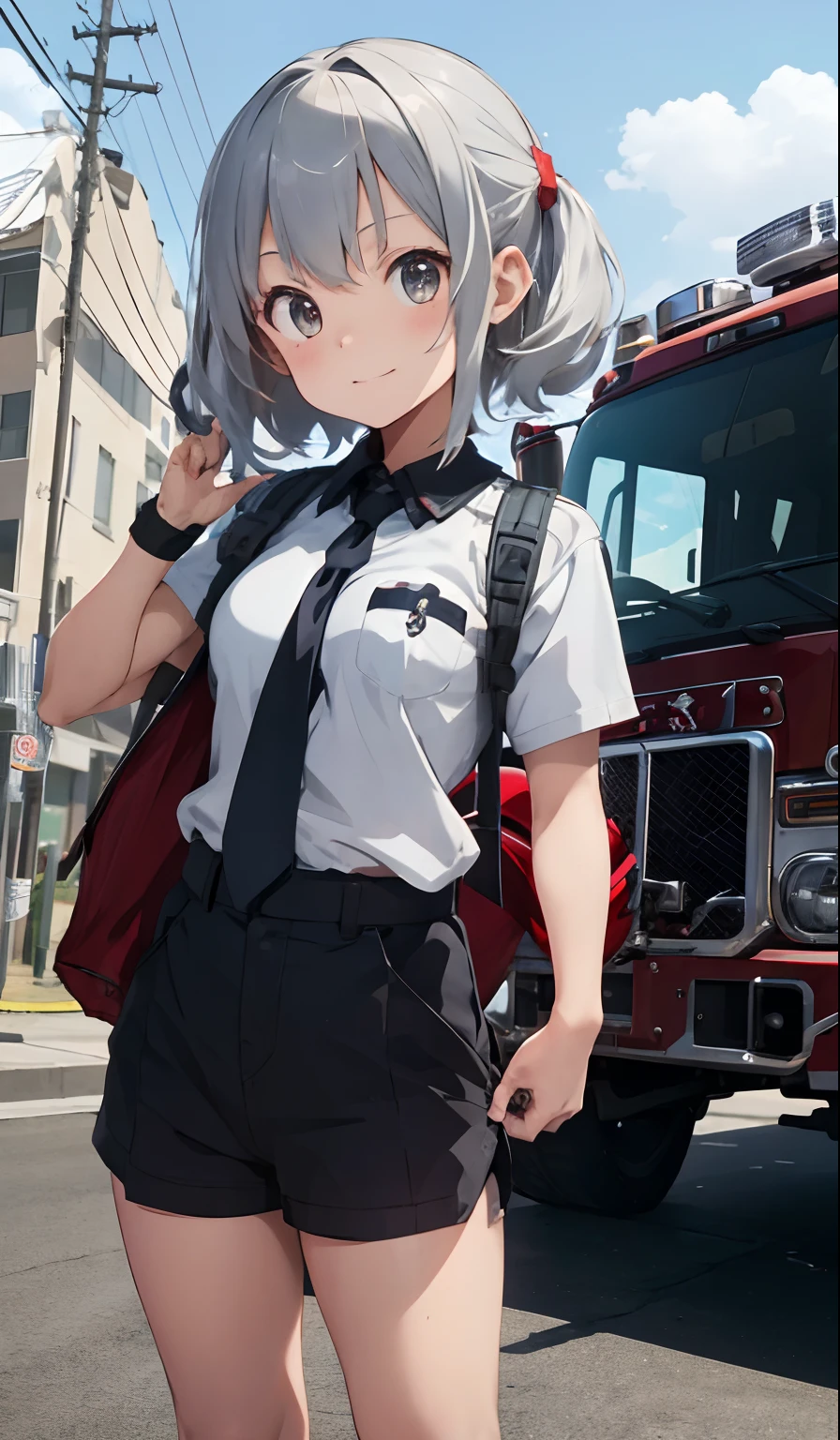 firefighter, 4K picture quality, Anime-like,Near fire trucks,{12 year old girl},{tiny body}, silber hair,cute little, Cool, Charismatic,Fighting Fire