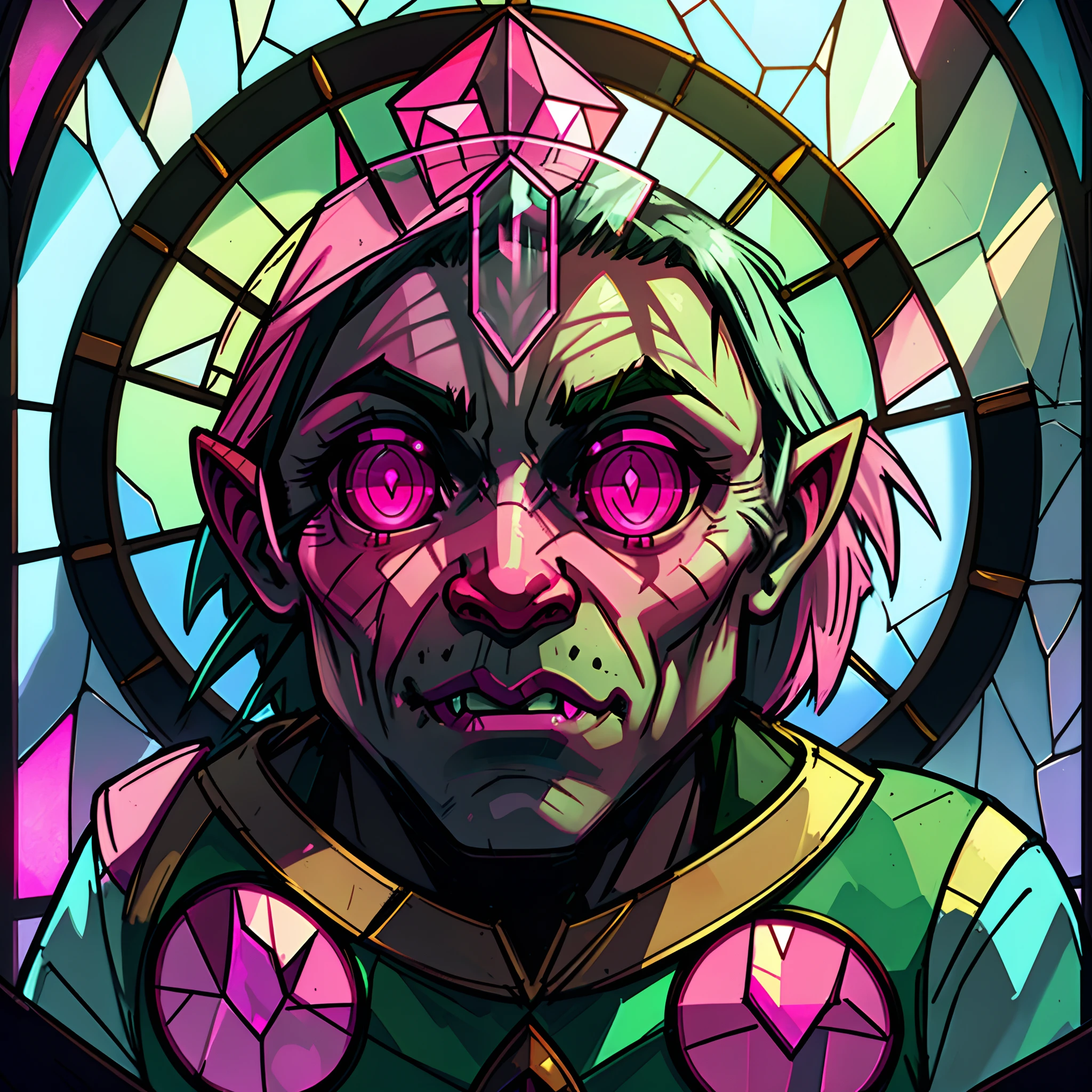 Stained glass window pane depicting an orc with pink eyes and tusks