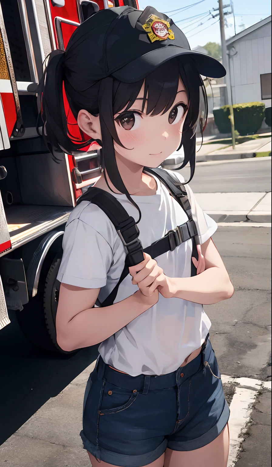 firefighter, 4K picture quality,Near fire trucks,{ girl},{tiny body}, silber hair,cute little, Cool, Charismatic,Fighting Fire