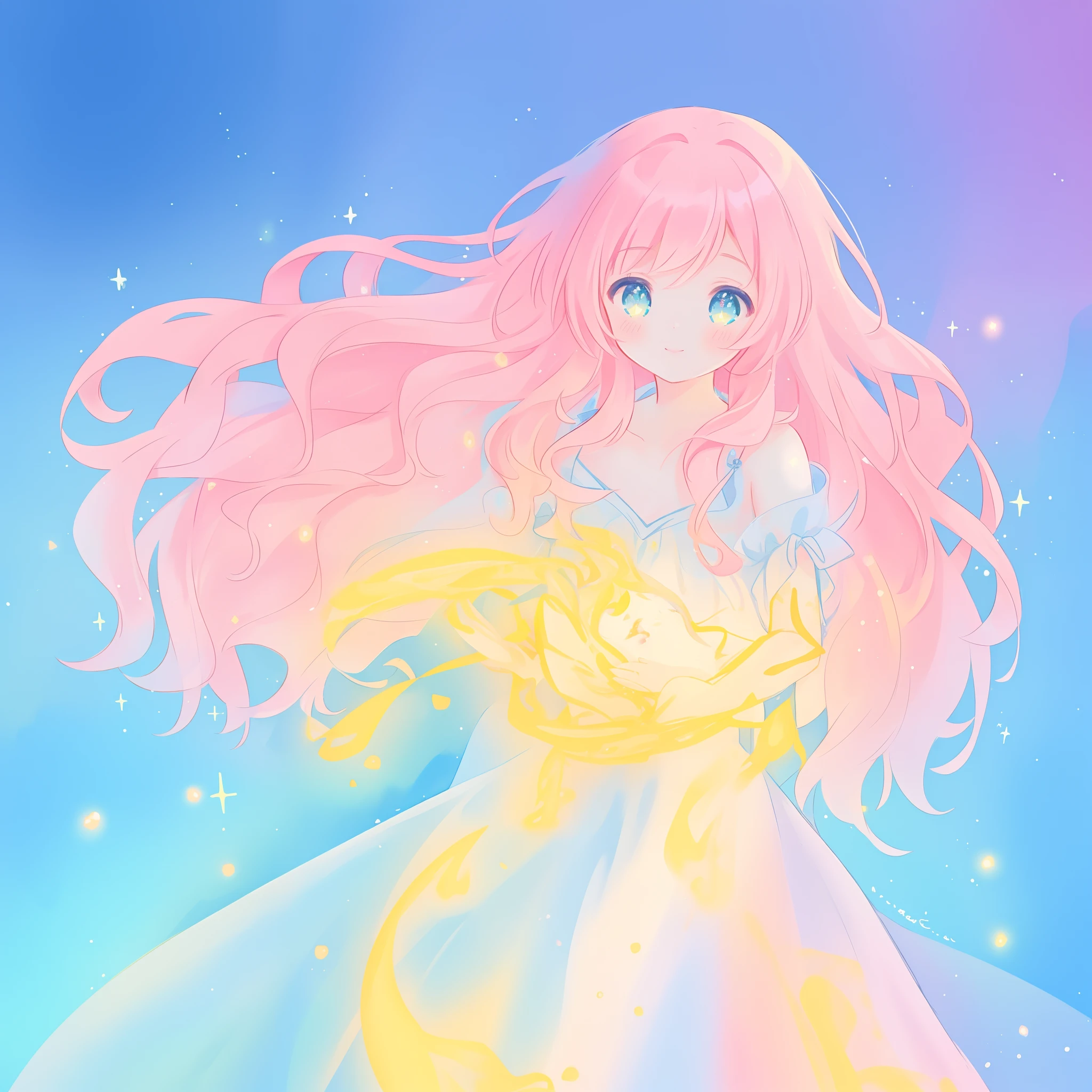 beautiful girl in colorful ballgown, long wavy peach pink hair, vibrant pastel colors, (colorful), colorful watercolor background, ethereal, magical lights, sparkling liquid light, inspired by Glen Keane, inspired by Lois van Baarle, disney art style, by Lois van Baarle, glowing aura around her, by Glen Keane, jen bartel, glowing lights! digital painting, flowing glowing hair, glowing flowing hair, beautiful digital illustration, fantasia background, whimsical, magical, fantasy, beautiful face, ((masterpiece, best quality)), intricate details, highly detailed, sharp focus, 8k resolution, sparkling detailed eyes, liquid watercolor
