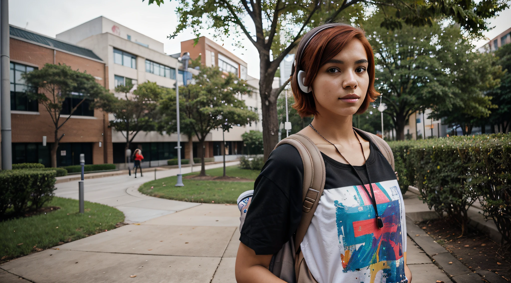 Generate a picture of a diverse university scene with a group of students from various nationalities and backgrounds. Among them is a Brazilian student with short, red hair, Standing and determined. Ela usa uma roupa estilosa e moderna, incluindo um colorido, camiseta abstrata, with a backpack on his back and wireless headphones around his neck. The scene is adorned with contemporary urban abstract paintings, Creating an avant-garde atmosphere on the university campus.