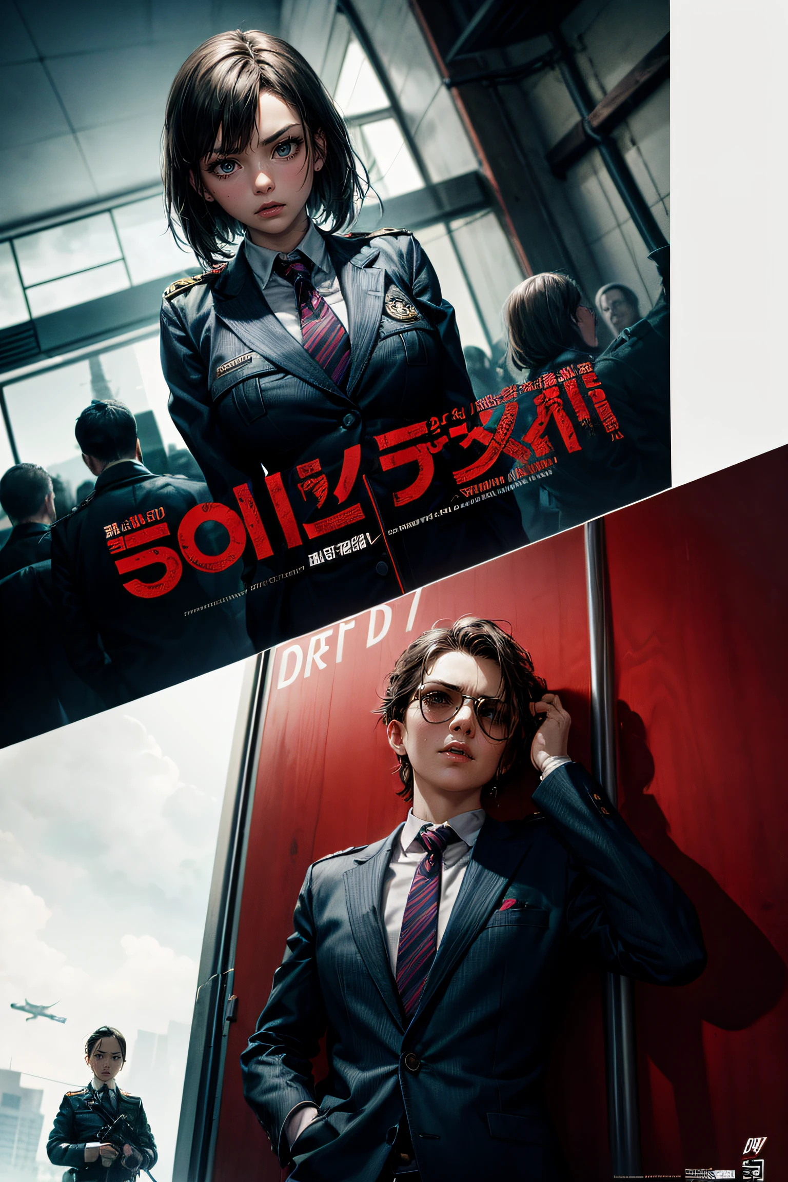 filmposter, Spy in suit and uniform, A female killer in a straitjacket, A  in a school uniform, and the biggest ferocious villain, Thrilling and adventurous background elements, Make a great movie poster together