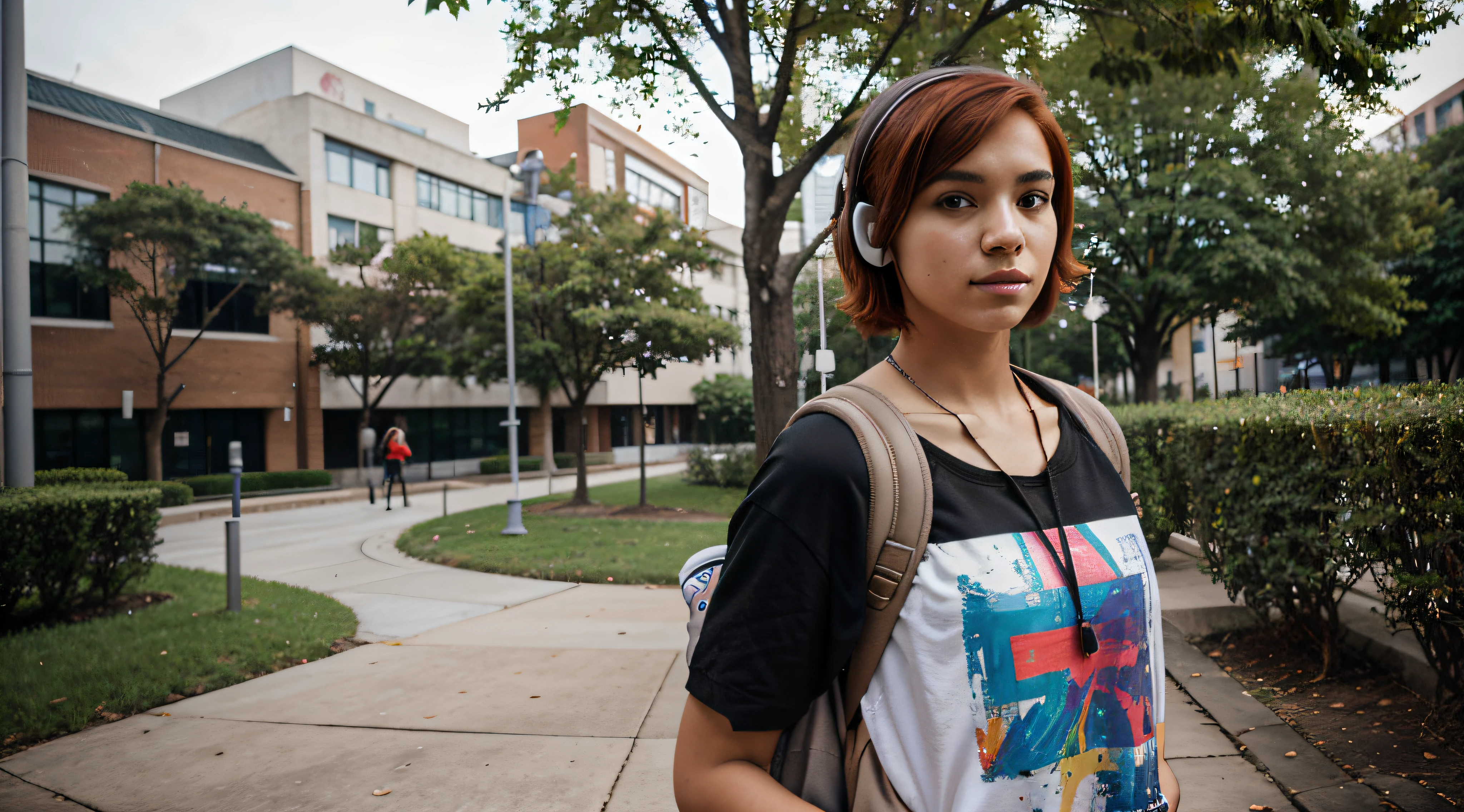 Generate a picture of a diverse university scene with a group of students from various nationalities and backgrounds. Among them is a Brazilian student with short, red hair, Standing and determined. Ela usa uma roupa estilosa e moderna, incluindo um colorido, camiseta abstrata, with a backpack on his back and wireless headphones around his neck. The scene is adorned with contemporary urban abstract paintings, Creating an avant-garde atmosphere on the university campus.