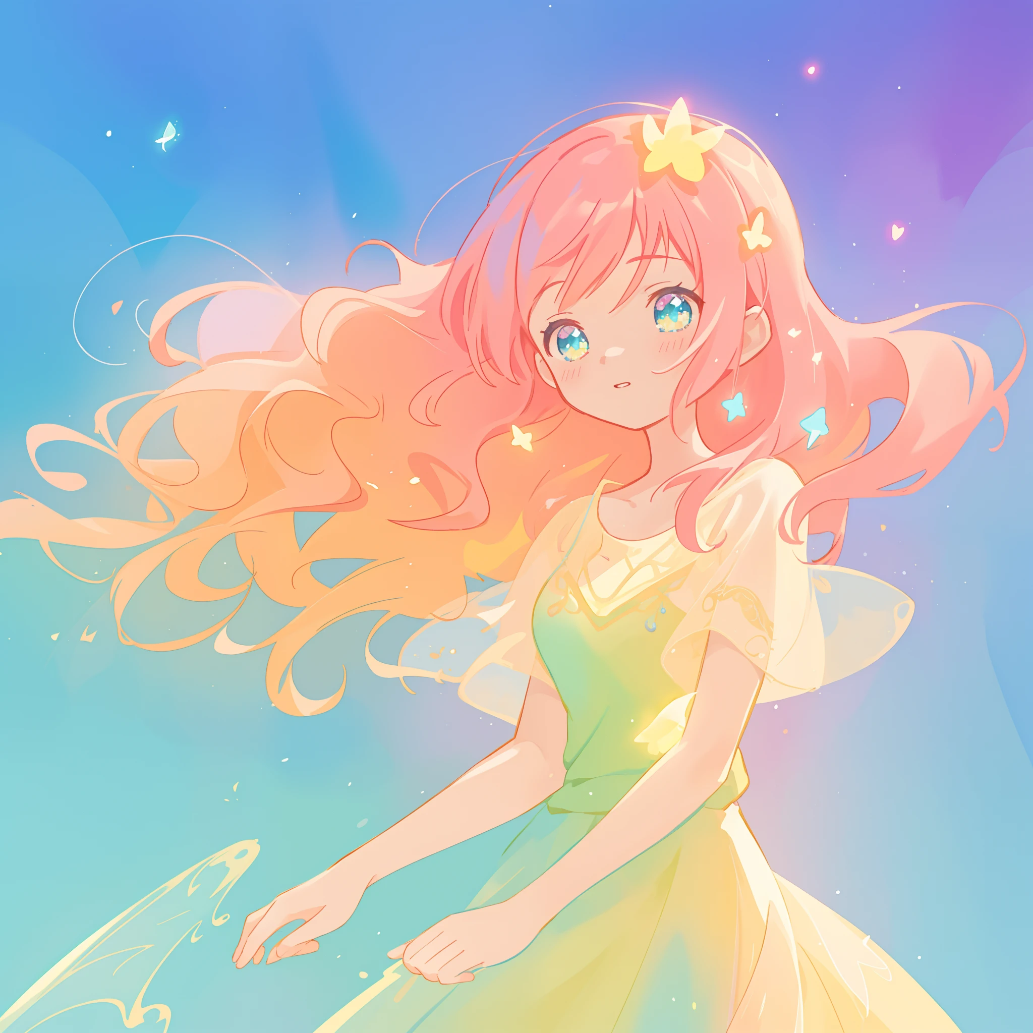 beautiful girl in colorful fluttering shimmering ballgown, long wavy peach pink hair, vibrant pastel colors, (colorful), colorful watercolor background, ethereal, magical lights, sparkling liquid light, inspired by Glen Keane, inspired by Lois van Baarle, disney art style, by Lois van Baarle, glowing aura around her, by Glen Keane, jen bartel, glowing lights! digital painting, flowing glowing hair, glowing flowing hair, beautiful digital illustration, fantasia background, whimsical, magical, fantasy, beautiful face, ((masterpiece, best quality)), intricate details, highly detailed, sharp focus, 8k resolution, sparkling detailed eyes, liquid watercolor