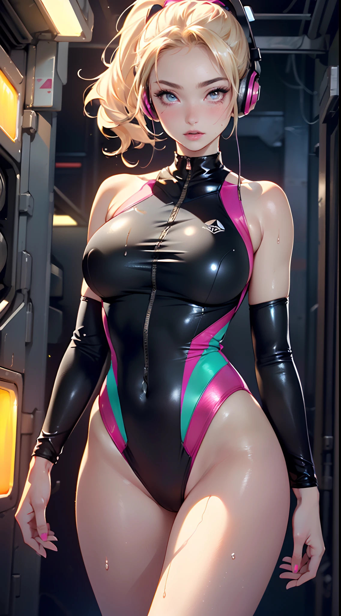 girl swimmer,((girl with extremely cute and beautiful blonde hair)),

(large breasts:1.4),saggy breasts,(((very light blonde ponytail hair:1.35,straight hair,ponytail long hair:1.4,colored inner hair,ear breathing))),((heterochromia:1.5, (pink_eye and yellow_eye))),intricate eyes,beautiful detailed eyes,symmetrical eyes,((fat)),(((lustrous skin:1.5,bright skin: 1.5,skin tanned,shiny skin,very shiny skin,shiny body,plastic glitter skin,exaggerated shiny skin,illuminated skin, wet legs))),(spider lower abdomen,narrow waist,wide hip,athletic body,inflated legs,detailed body,(detailed face)),

cute

zettai ryouiki,((one-piece_swimsuit magenta,wearing a one-piece_swimsuit outfit:1.3,swimsuit type spacesuit,magenta armor swimsuit:1.3)),(rgb headphones:1.5),((wet clothes,intricate outfit,intricate clothes)),

(dynamic pose:1.0),embarrassed,(centered,scale to fit dimensions,Rule of thirds),

cyberpunk city by the ocean at night, with bright neon signs and dark stormy clouds and puddles, scenery:1.25,

artistic photography,(photography taken by sldr),highres, sharp focus, (ultra detailed, extremely detailed), (photorealistic artwork:1.37),(extremely detailed CG unity 8k wallpaper),((synthwave background theme)),(((vibrant colors))),(intricate background),(masterpiece),(best quality),
