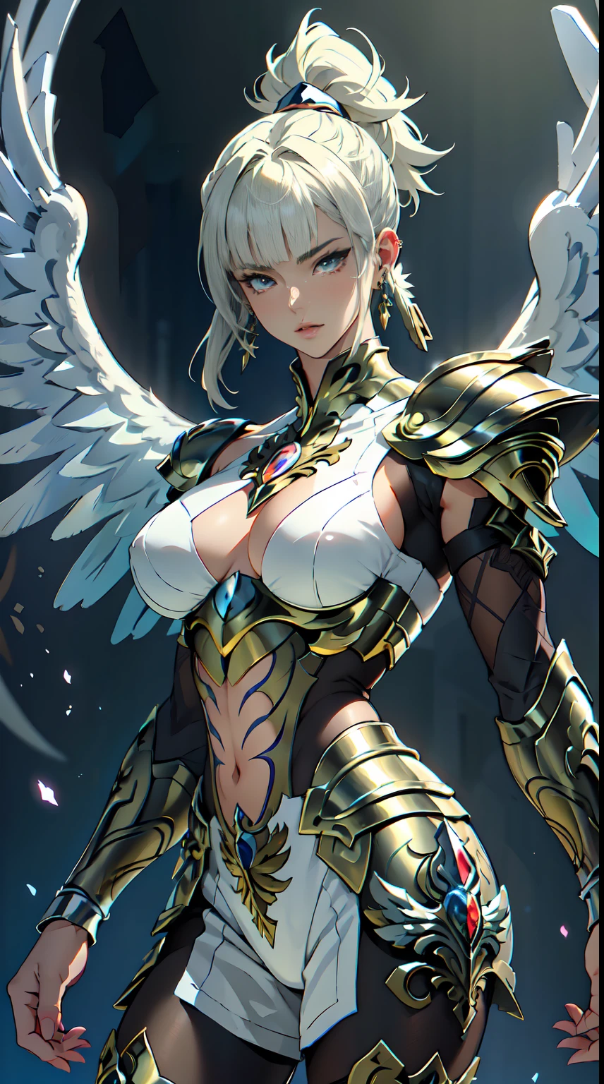 a beautiful girl, (1girl), (saint seiya, Pegasus god armor: 1.3), (big breasts), (abs: 1.3), (earrings:1.3), (asymmetrical bangs:1.3), ponytail hair, white blonde hair, highly detailed face and eyes, Perfect lips, perfect body, sensual pose, cowboy shot, looking at viewer, ((depth of field)), Cinematic lighting, masterpiece, Aesthetic, anime style drawing, by Ayami kojima, HDR, digital art, by Yusuke Murata.