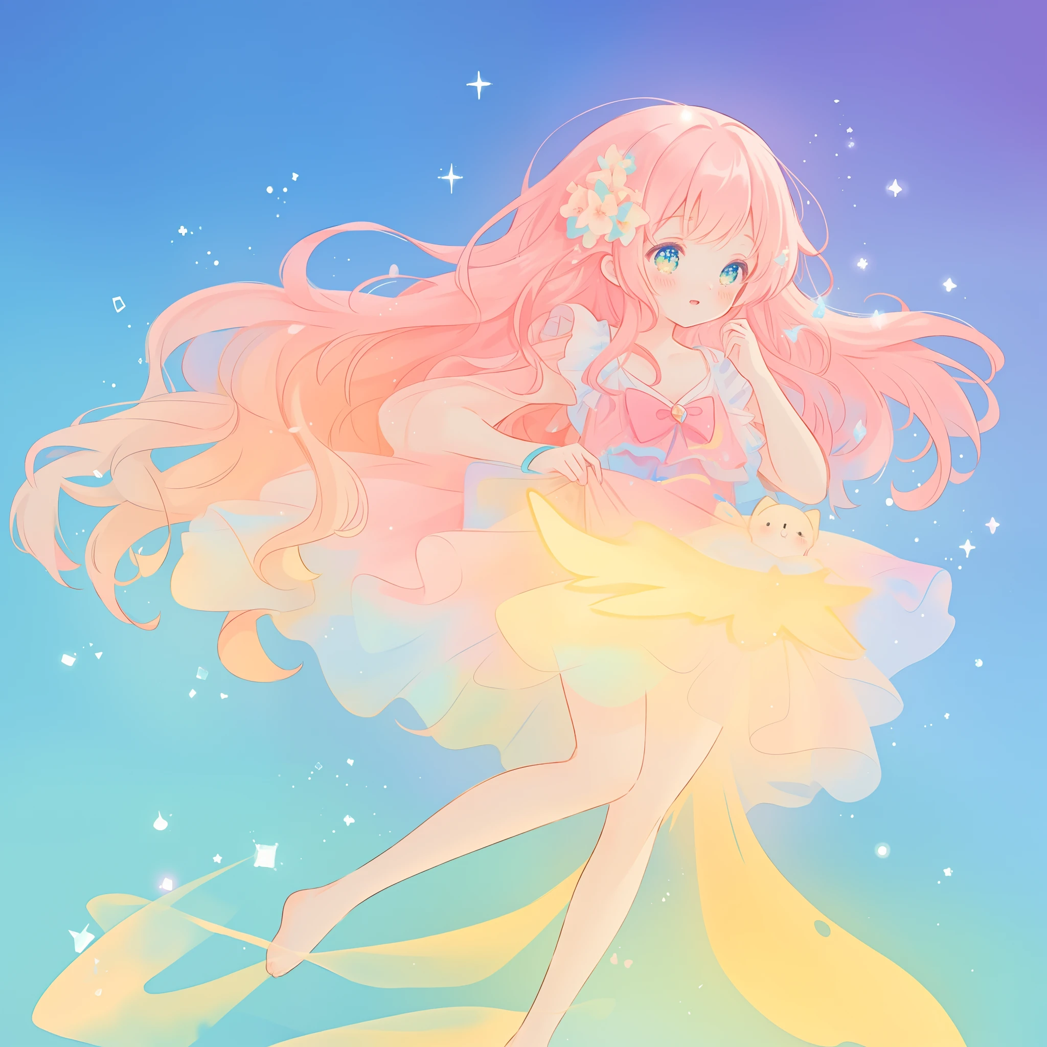 beautiful girl in colorful ballgown, long wavy peach pink hair, vibrant pastel colors, (colorful), colorful watercolor background, ethereal, magical lights, sparkling liquid light, inspired by Glen Keane, inspired by Lois van Baarle, disney art style, by Lois van Baarle, glowing aura around her, by Glen Keane, jen bartel, glowing lights! digital painting, flowing glowing hair, glowing flowing hair, beautiful digital illustration, fantasia background, whimsical, magical, fantasy, beautiful face, ((masterpiece, best quality)), intricate details, highly detailed, sharp focus, 8k resolution, sparkling detailed eyes, liquid watercolor