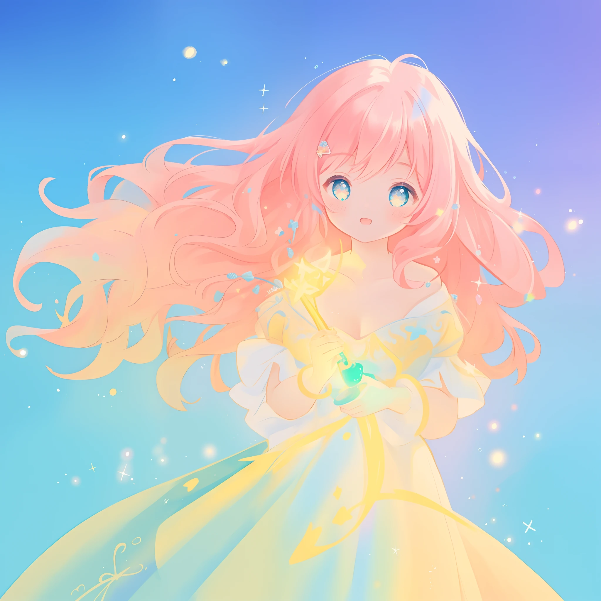 beautiful girl in colorful ballgown, long wavy peach pink hair, vibrant pastel colors, (colorful), colorful watercolor background, ethereal, magical lights, sparkling liquid light, inspired by Glen Keane, inspired by Lois van Baarle, disney art style, by Lois van Baarle, glowing aura around her, by Glen Keane, jen bartel, glowing lights! digital painting, flowing glowing hair, glowing flowing hair, beautiful digital illustration, fantasia background, whimsical, magical, fantasy, beautiful face, ((masterpiece, best quality)), intricate details, highly detailed, sharp focus, 8k resolution, sparkling detailed eyes, liquid watercolor
