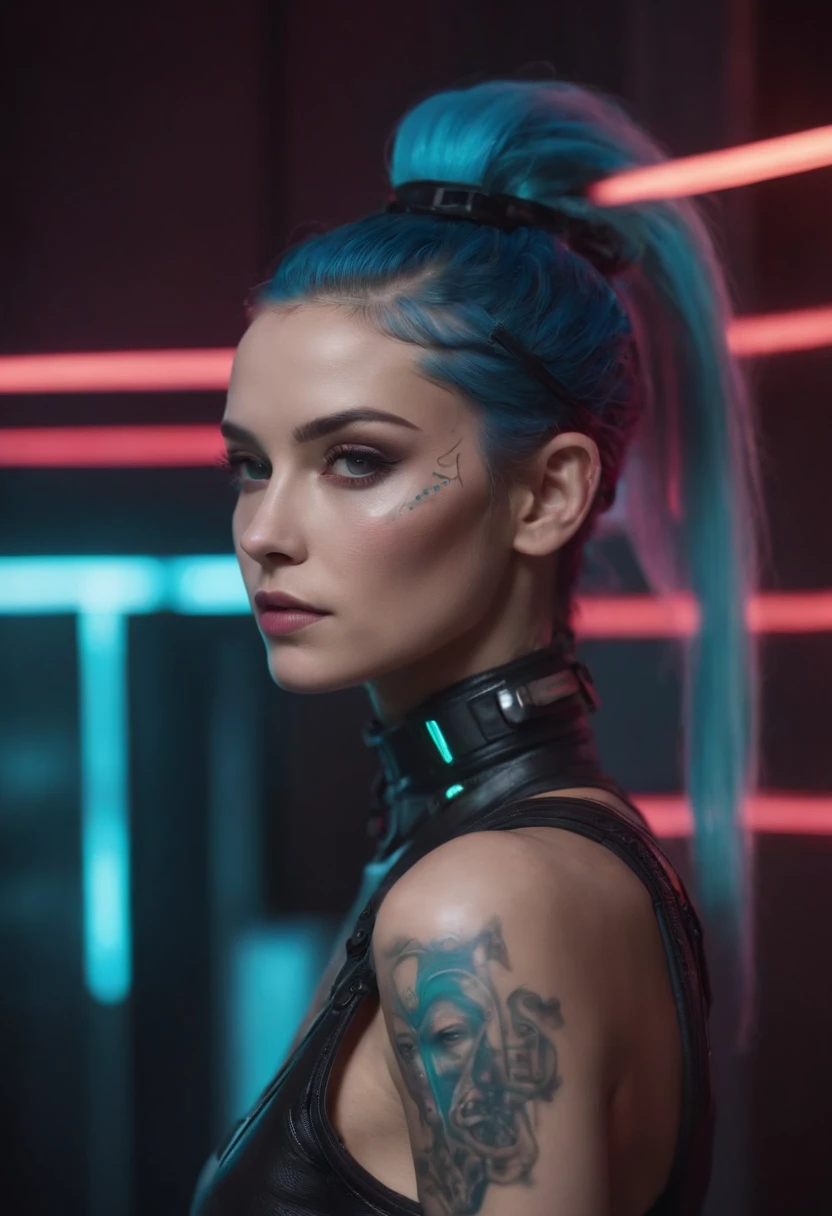 Image Designer "cyberpunk & realista". Futuristic depiction of a perfectly tattooed woman with high-tech mechanical prosthetics. Embrace cyberpunk aesthetics with neon lights and bright tattoos, maintaining the realistic representation of its characteristics. "the lighting" Dynamic neon lighting with natural light sources to highlight tattoos and cyberpunk prosthetics, Mantener sombras y luces realistas. "Camera positioning" Off-centre and close-up camera positioning, Capture dynamic poses to show cyberpunk tattoos and high-tech prosthetics in detail. "Paleta de colores" Cyberpunk-inspired color palette with neon tones like electric blue, rosa fluorescente, y verde brillante, complemented with realistic skin tones and metallic details for advanced technology rendering.