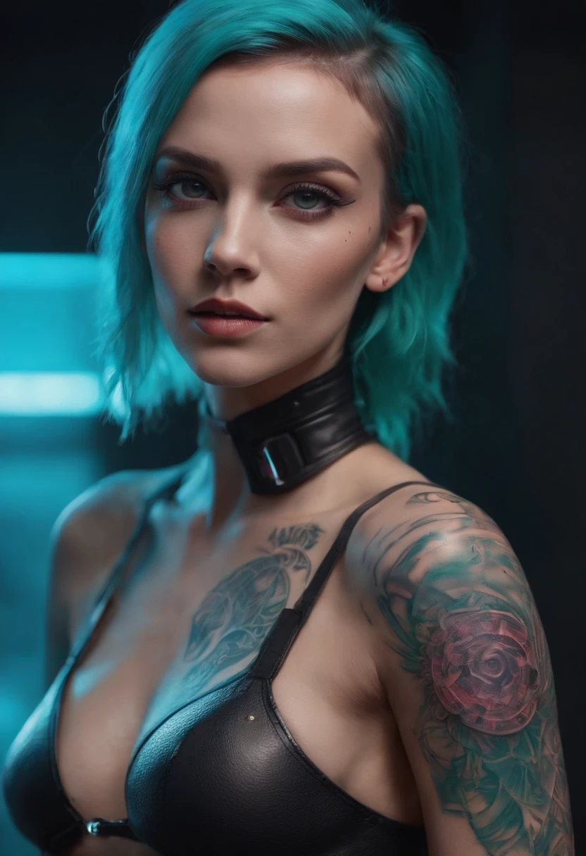 nicole, mulher, cyberpunk, neon, segurando arma, long messy pink hair, dj headset