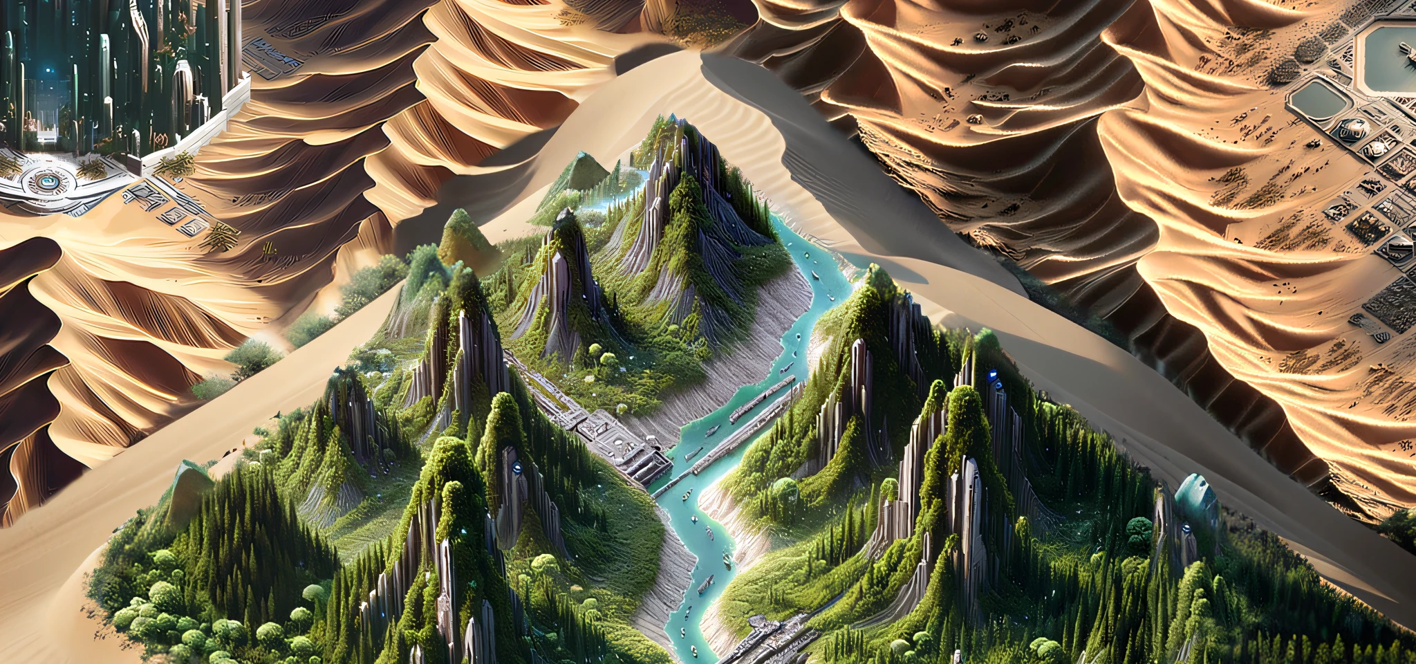 Desert Image Sandy and desert environment, Highly detailed digital graphics, Desert Lands, Extremely detailed sand, ultra detailed digital art, Desert Dunes, highly detailed 4k digital art, Hyper-detailed 3D matte painting, Desert of Distortion, Гипердетализированная 3D матовая покраска, links, Flowing dunes, sand, Close-up 3D image of a mountain, isometric map, Isometric fantasy map, Isometric art, Isometric environment, isometric 8k, Isometric art, Isometric island in the sky, Изометрическое 3D фэнтези, Isometric art, isometric, mountains, the trees, Forest near the desert, Forest near the desert, Dunes near the forest, Forest of the Dunes, Forest near the sand, Forest in the sand, Transition between forest and desert, Ends of the Forest, The forest is thinning.