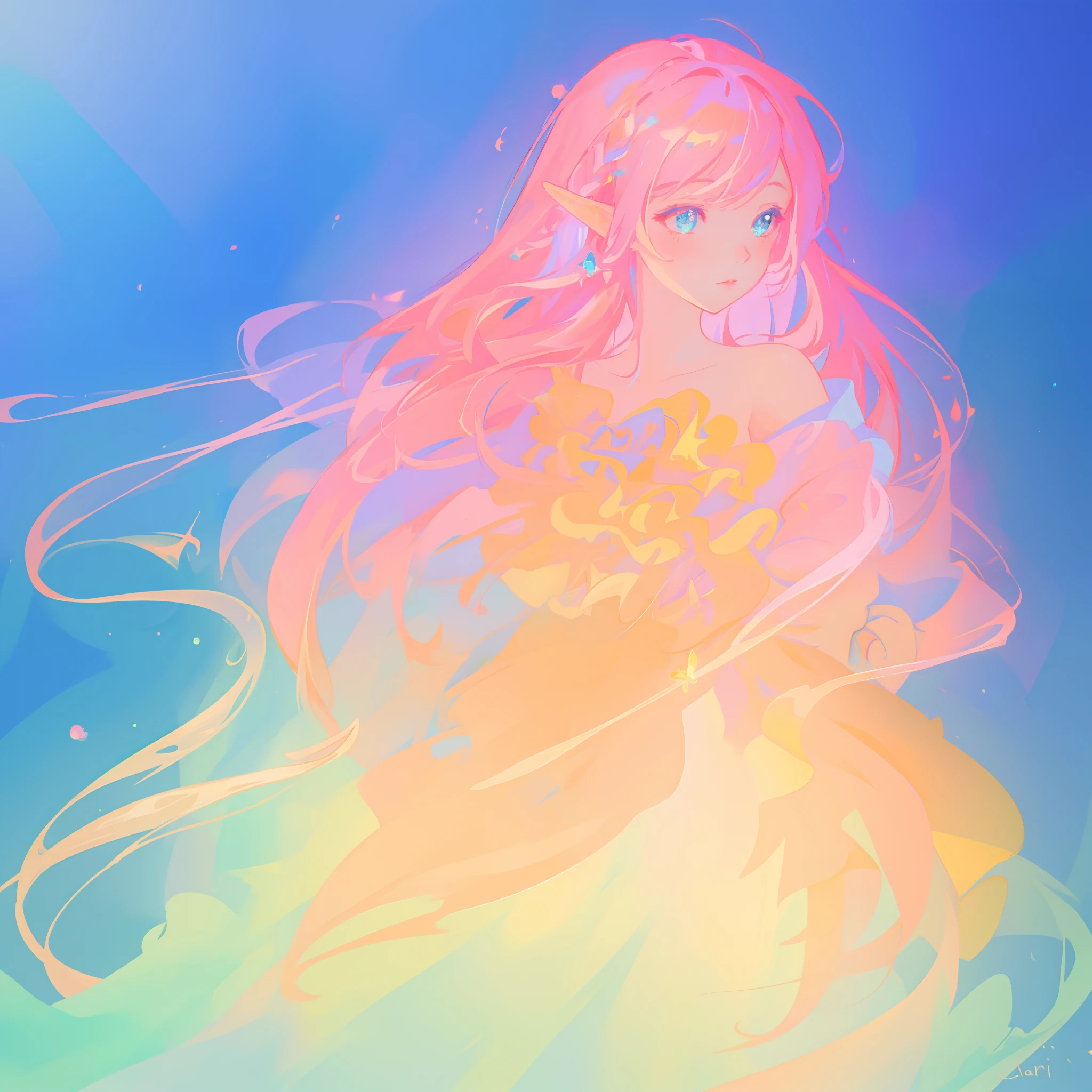 beautiful girl in flowing white dress, looking away, profile view of face, vibrant pastel colors, (colorful), magical lights, long flowing colorful pink hair, inspired by Glen Keane, inspired by Lois van Baarle, disney art style, by Lois van Baarle, glowing aura around her, by Glen Keane, jen bartel, glowing lights! digital painting, flowing glowing hair, glowing flowing hair, beautiful digital illustration, fantasia background, whimsical, magical, fantasy, beautiful face, ((masterpiece, best quality)), intricate details, highly detailed, sharp focus, 8k resolution, sparkling detailed eyes, liquid watercolor