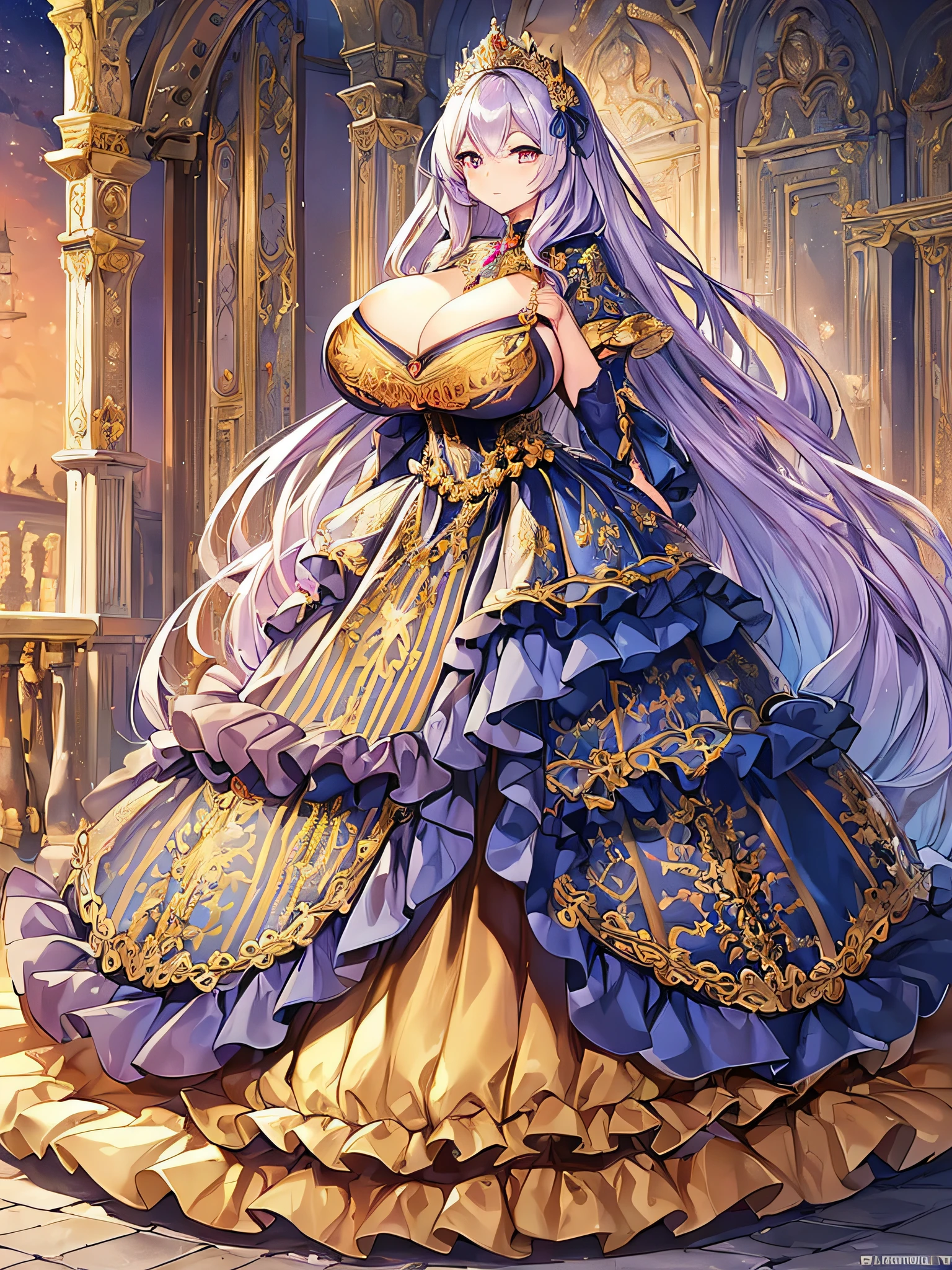anime artstyle,Masterpiece,Best Quality,Super Detail,Very Delicate and Beautiful,Solo,full body,full body portrait,(detailed face and eyes),jewel-like beautiful eyes,((1 princess in a beautiful embroidery and jeweled rococo ball gown with voluminous full length hoop skirt)),((fantasy castle,outdoors,outside the castle)),((Crinoline,Long Train)),super detailed gorgeous princess ballgown with voluminous full length hoop skirt,,jeweled Gorgeous princess rococo ballgown with long train,jeweled Gorgeous princess rococo ballgown with long trains,gorgeous princess rococo ballgown with beautiful embroidery and jeweled,((large amount of straight hair,extremely voluminous Very Long Hair,Absolutely Long Straight Hair)),(((very gigantic boobs,sagging boobs))),arm cover,extremely gorgeousfull hair ornament,bling-bling extremely gorgeousfull jeweled tiara,luxurious jewelry,full body