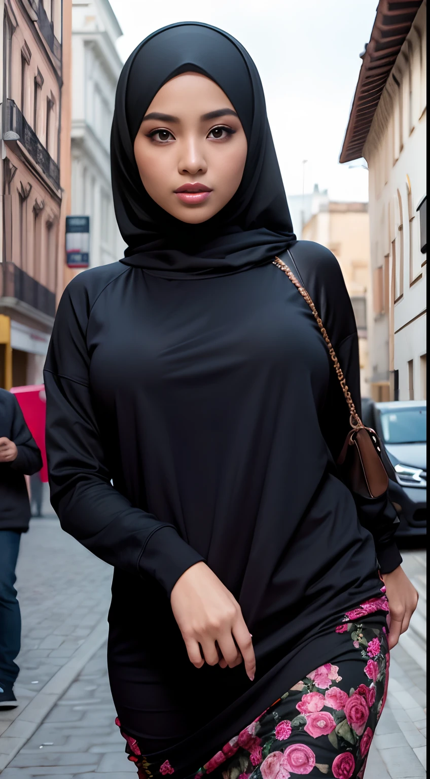 Best quality, high resolution, masterpiece: 1.3), a beautiful malay woman in hijab, big breasts, slim figure, sweatshirt, beautifully presented details in the street and facial and skin texture, detailed eyes, double eyelids, big eyes