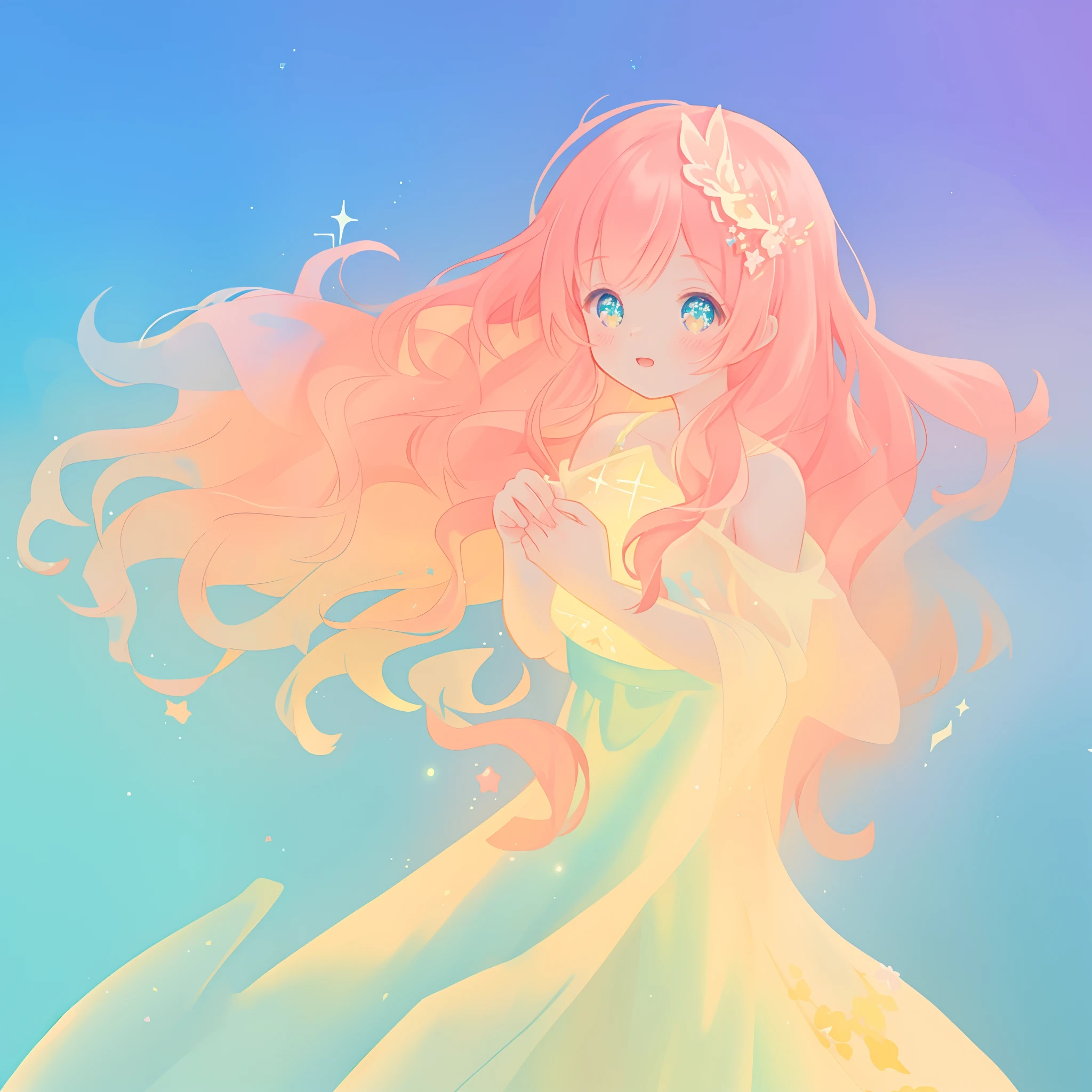 beautiful girl in colorful ballgown, long wavy peach pink hair, vibrant pastel colors, (colorful), colorful watercolor background, ethereal, magical lights, sparkling liquid light, inspired by Glen Keane, inspired by Lois van Baarle, disney art style, by Lois van Baarle, glowing aura around her, by Glen Keane, jen bartel, glowing lights! digital painting, flowing glowing hair, glowing flowing hair, beautiful digital illustration, fantasia background, whimsical, magical, fantasy, beautiful face, ((masterpiece, best quality)), intricate details, highly detailed, sharp focus, 8k resolution, sparkling detailed eyes, liquid watercolor