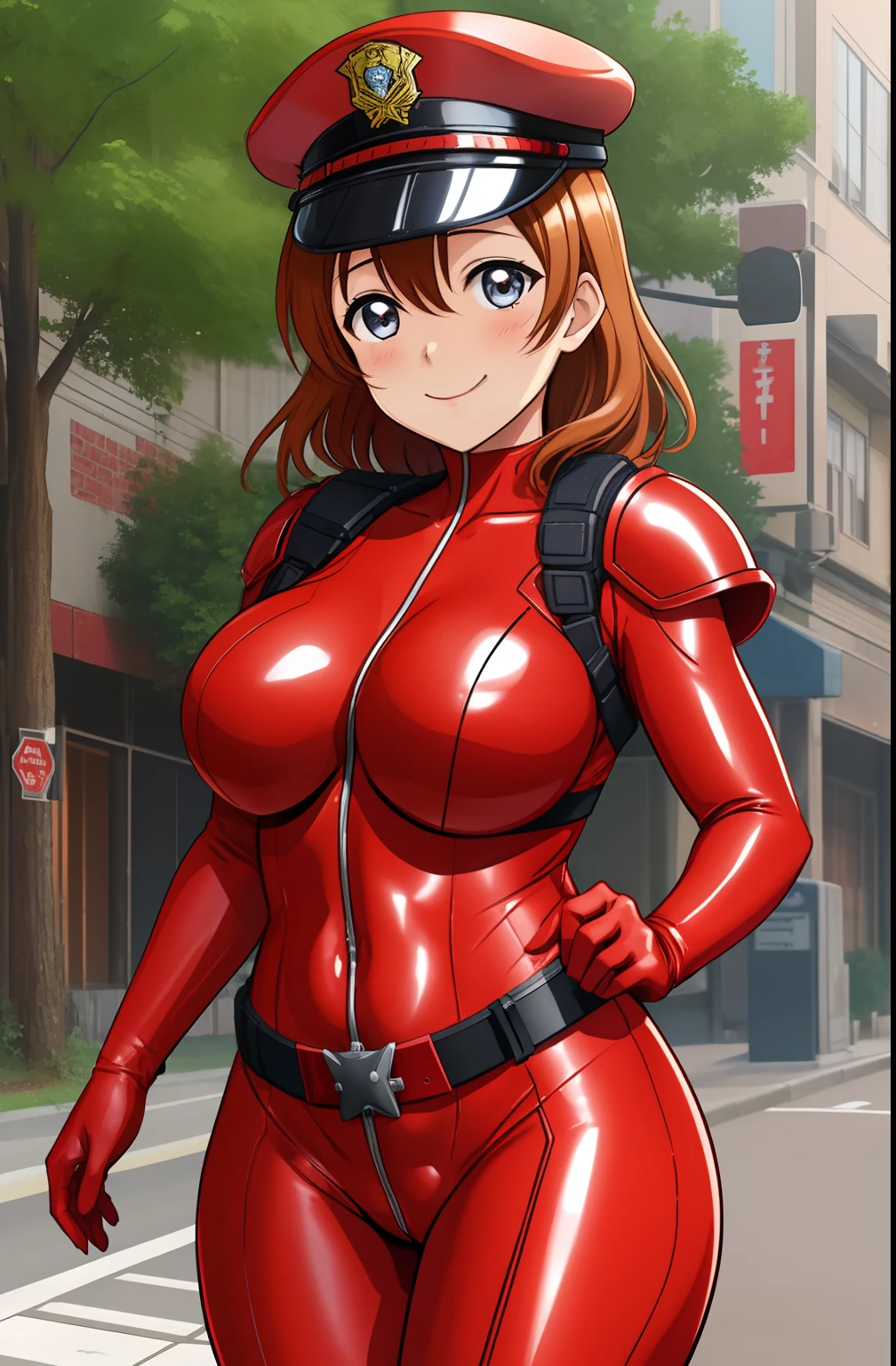 Kousaka honoka, tight , confidant smile, huge breasts, (red bodysuit:1.2), solo, curvy body,street,embarrassed, standing, shoulder armor, groin armor, police cap,(belt:0.89),  wedgie