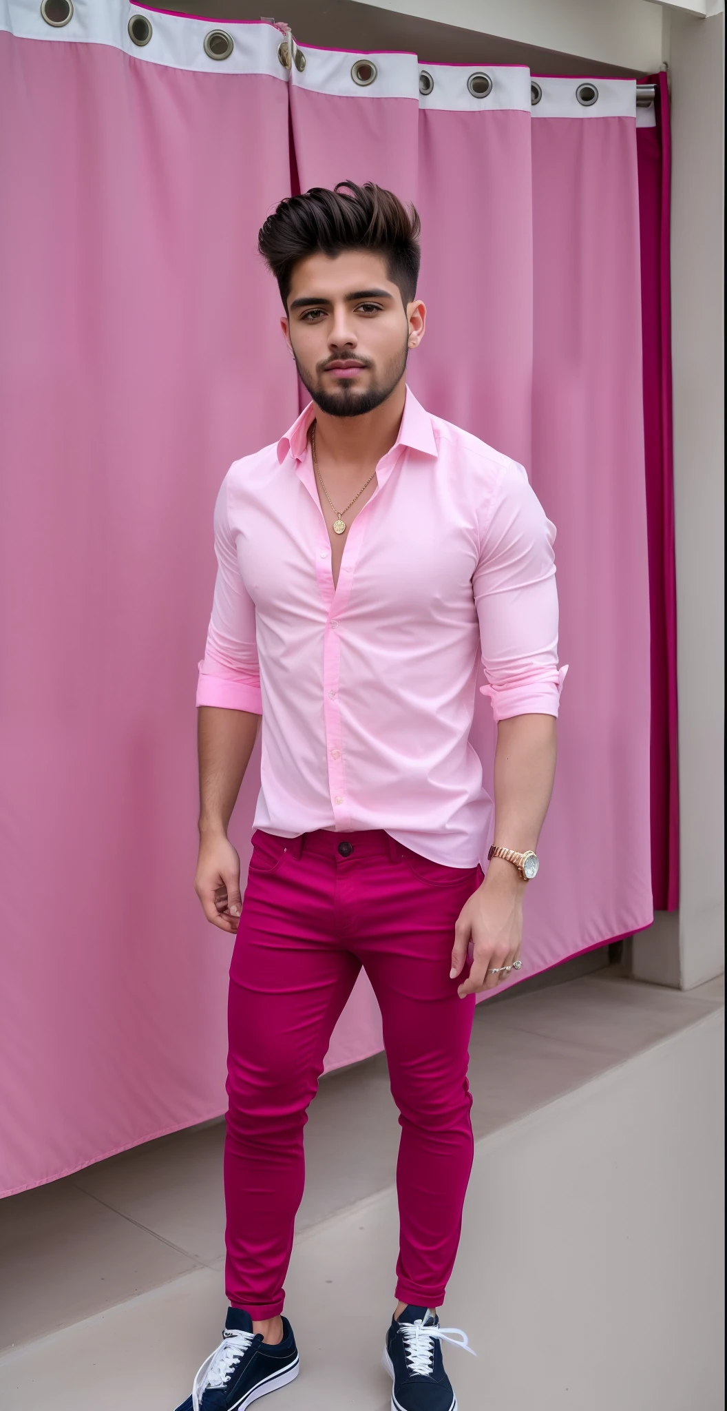 araffe man in pink shirt and red pants standing in front of a pink curtain, pink shirt, wearing in shirt, andres rios, pink clothes, full body picture, full body photogenic shot, full body pictures, ((pink)), pink vibe, pink skin, enes dirig, handsome male, photo taken in 2 0 2 0, pink power, candid picture, ultra realistic face, ultra detailed face, detailed eyes, detailed lips, high quality picture, ultra realistic clothes, realistic look,