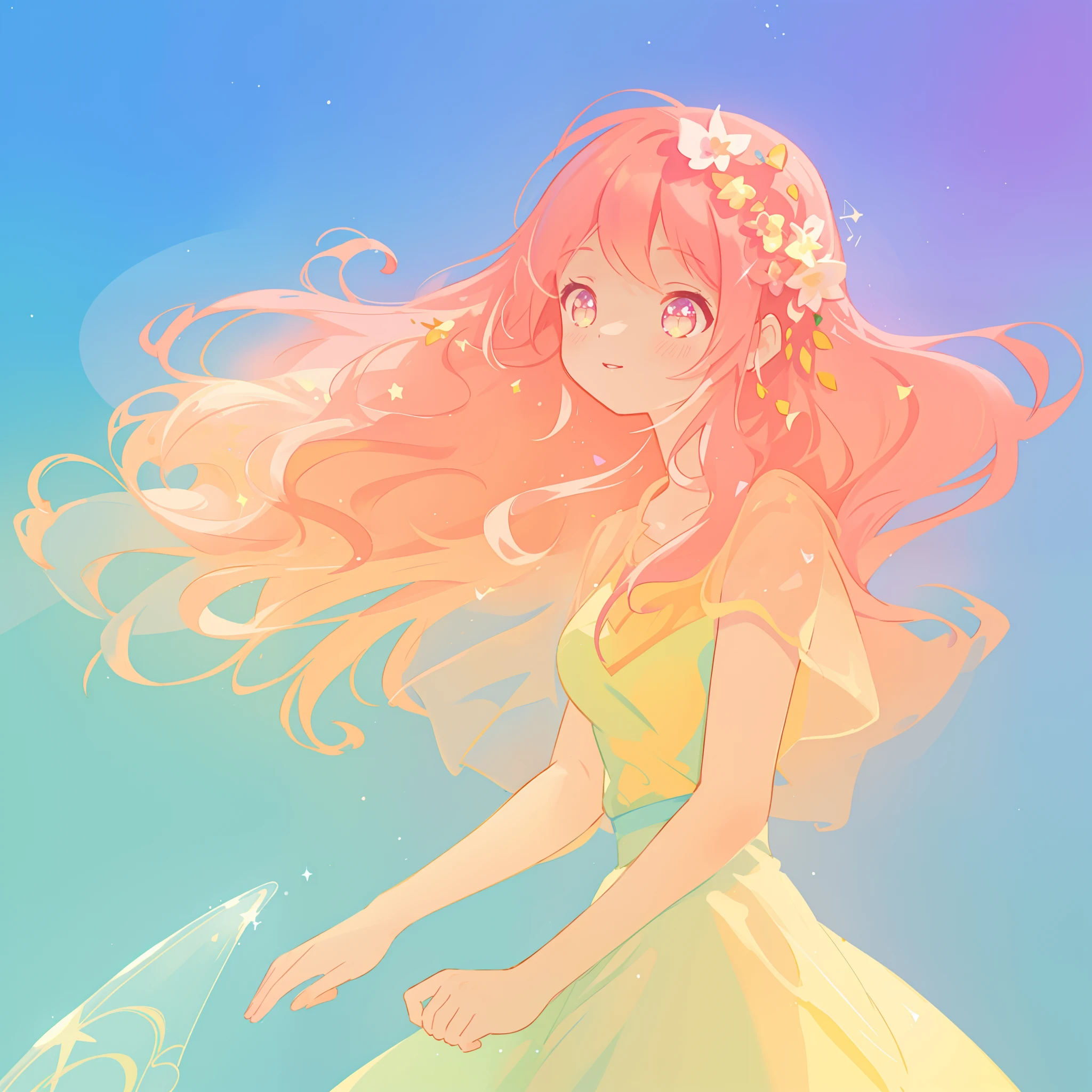 beautiful girl in colorful ballgown, long wavy peach pink hair, vibrant pastel colors, (colorful), colorful watercolor background, ethereal, magical lights, sparkling liquid light, inspired by Glen Keane, inspired by Lois van Baarle, disney art style, by Lois van Baarle, glowing aura around her, by Glen Keane, jen bartel, glowing lights! digital painting, flowing glowing hair, glowing flowing hair, beautiful digital illustration, fantasia background, whimsical, magical, fantasy, beautiful face, ((masterpiece, best quality)), intricate details, highly detailed, sharp focus, 8k resolution, sparkling detailed eyes, liquid watercolor