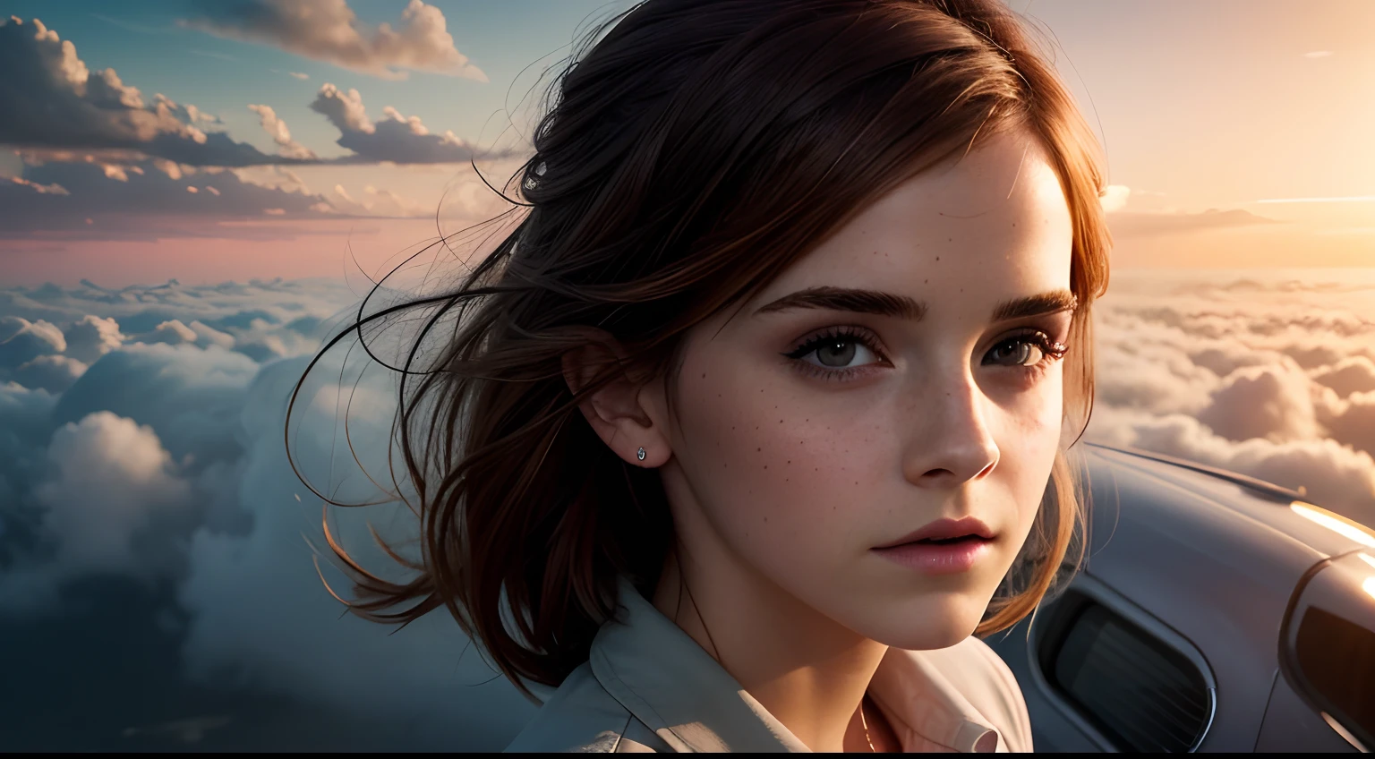 Emma Watson,plane,beautiful detailed eyes,beautiful detailed lips,extremely detailed eyes and face,longeyelashes,portrait,highres,photorealistic,fantasy,colorful,dreamy lighting,clouds,flying at sunset,adventure,vivid colors,misty atmosphere,peaceful scenery,soft pastel colors,airborne.