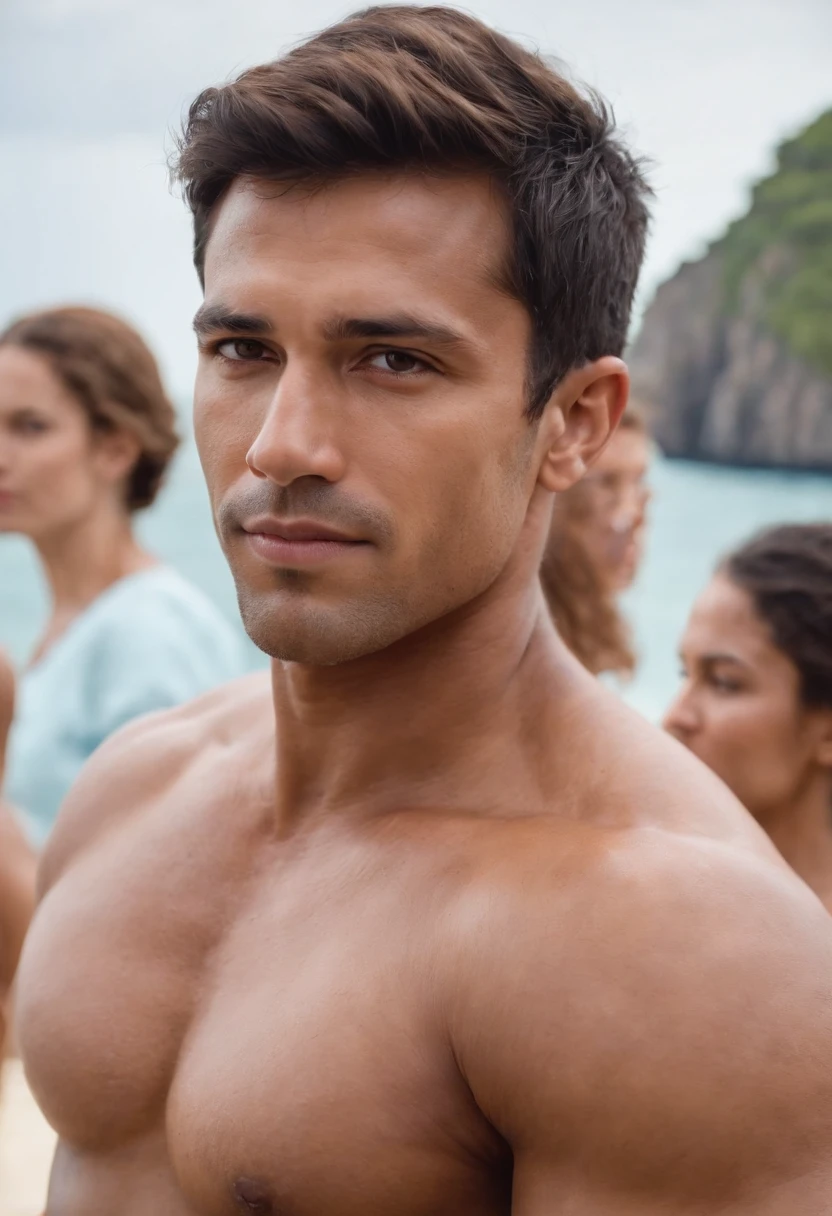 a muscular, tanned man, of Latin nationality, surrounded by ten women, in an island setting, sea in the background