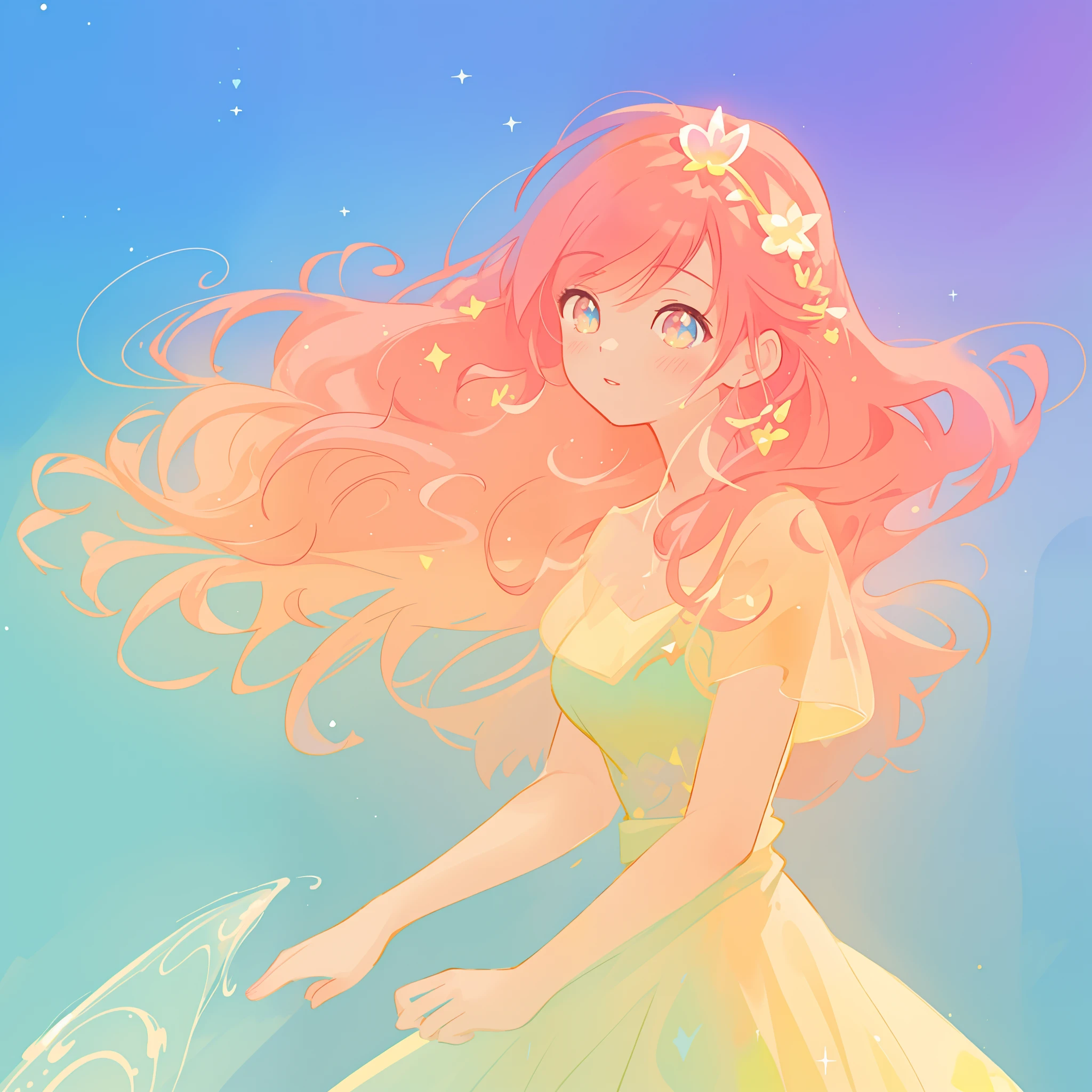 beautiful girl in colorful ballgown, long wavy peach pink hair, vibrant pastel colors, (colorful), colorful watercolor background, ethereal, magical lights, sparkling liquid light, inspired by Glen Keane, inspired by Lois van Baarle, disney art style, by Lois van Baarle, glowing aura around her, by Glen Keane, jen bartel, glowing lights! digital painting, flowing glowing hair, glowing flowing hair, beautiful digital illustration, fantasia background, whimsical, magical, fantasy, beautiful face, ((masterpiece, best quality)), intricate details, highly detailed, sharp focus, 8k resolution, sparkling detailed eyes, liquid watercolor