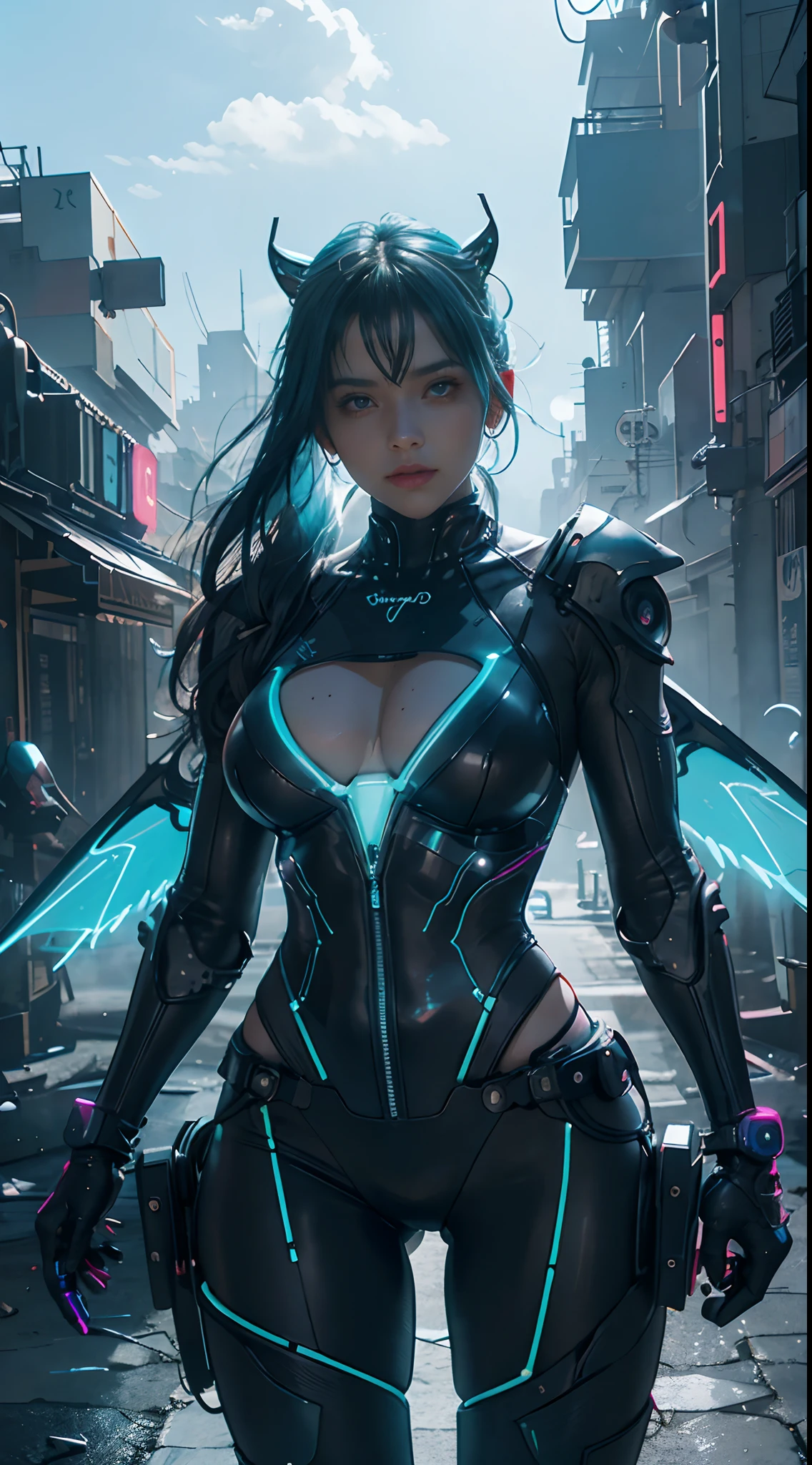 Bikini ,swimsuit una chica,Vestir sexy,future techwear,mechanical prosthesis,mechanical skeleton, Noche, Una ciudad cyberpunk en ruinas, Neon Billboard, Mejor calidad de imagen, Maximum clarity and clarity, Realismo ultrarrealista, Alto detalle, Afofuturismo,Contraste de luz y sombra, Cinmatic Lighting, Trazado de rayos, Luz reflectante, Lente vaquero, f/4.0 ,blu hair big tits,neon lights , retrofuturistic mechanic suit ,muscle woman ,wings,hair iluminated with blue light neon,notables tetas enormoes,blue neon suit,swinsuit , bikini big tits