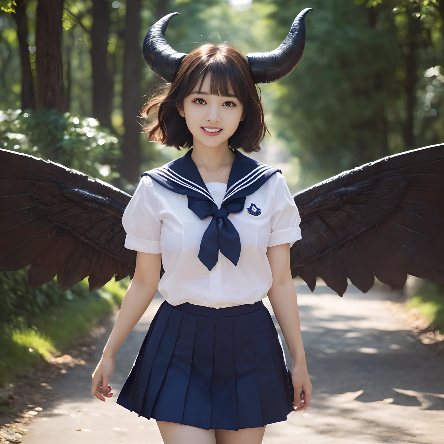 (((masutepiece、top-quality)))((1 schoolgirl、Wearing a sailor suit、School Sailor Uniform、Perfect sailor suit、Red ribbons、Navy skirt))、((Huge and intricate demon wings,Wings with a very elaborate texture,Wings with a very complex texture,Creature wings with a very realistic texture,Wings with the most exquisite texture、Perfectly reproduces the texture of the eerie wings、Very flaky and detailed wing texture、Wings of a terrifying monster,Terrible and ugly wings、The most terrifying wings、Wings with unimaginably complex textures、The most terrifying and creepy wings、Huge, craggy devil's horns、Corners of the most complex textures、Photorealistic Devil's Wings、Photorealistic Devil's Horns、The most terrifying devil's wings、Wings unimaginably horrible、Big Devil's Horn,Realistic and big horns,Very complex and terrifying demon horns、Creepy horns,Horn with a very elaborate texture、Terrible and ugly horns、((The background is the route to school、Walking along the school route surrounded by nature、Walking on the way to school))、8K,An ultra-high picture quality,The most beautiful idol faces,Mature Face、The biggest smile staring at the camera、美丽的面容、Beautiful teeth、natural make up、Natural bright lighting、short-hair、waved hair、Classy wavy hair、spectacular movie lighting、A slender、Breast bulge、Chunky, complex wings