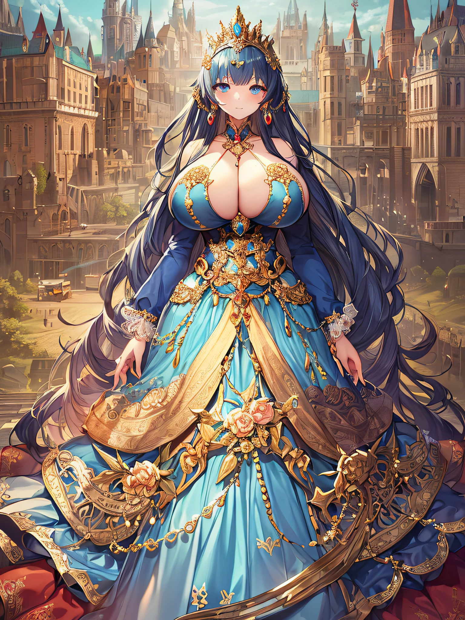 anime artstyle,Masterpiece,Best Quality,Super Detail,Very Delicate and Beautiful,Solo,full body,full body portrait,(detailed face and eyes),jewel-like beautiful eyes,((1 princess in a beautiful embroidery and jeweled rococo ballgown with voluminous full length hoop skirt)),((fantasy castle,outdoors,outside the castle)),((Crinoline,Long Train)),super detailed gorgeous princess ballgown with voluminous full length hoop skirt,,jeweled Gorgeous princess rococo ballgown with long train,jeweled Gorgeous rococo ballgown with long trains,gorgeous rococo ballgown with beautiful embroidery and jeweled,((large amount of straight hair,extremely voluminous Very Long Hair,Absolutely Long Straight Hair)),(((very gigantic boobs,sagging boobs))),arm cover,extremely gorgeousfull hair ornament,bling-bling extremely gorgeousfull jeweled tiara,luxurious jewelry,full body