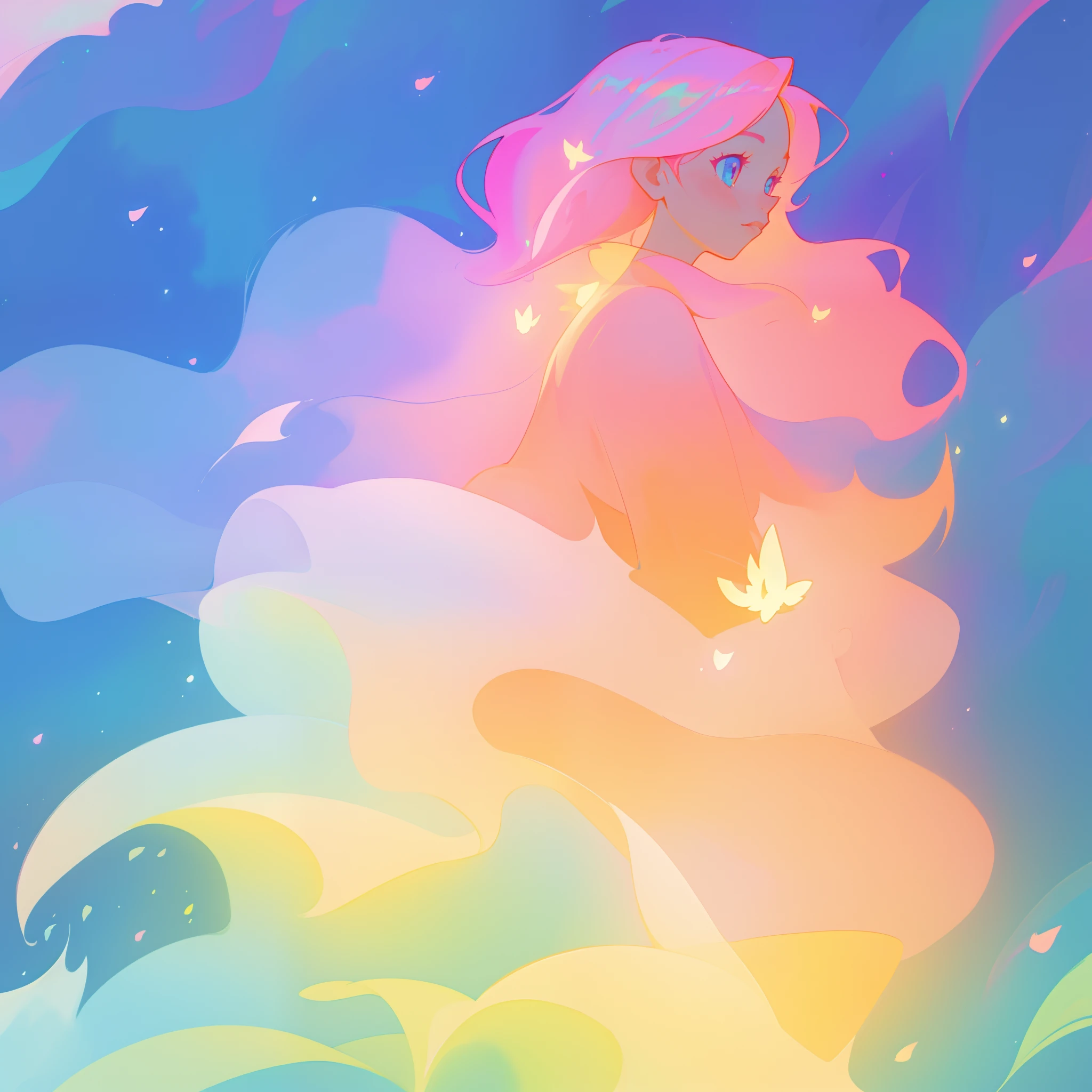 beautiful girl in flowing white dress, looking away, profile view of face, vibrant pastel colors, (colorful), magical lights, long flowing colorful pink hair, inspired by Glen Keane, inspired by Lois van Baarle, disney art style, by Lois van Baarle, glowing aura around her, by Glen Keane, jen bartel, glowing lights! digital painting, flowing glowing hair, glowing flowing hair, beautiful digital illustration, fantasia background, whimsical, magical, fantasy, beautiful face, ((masterpiece, best quality)), intricate details, highly detailed, sharp focus, 8k resolution, sparkling detailed eyes, liquid watercolor