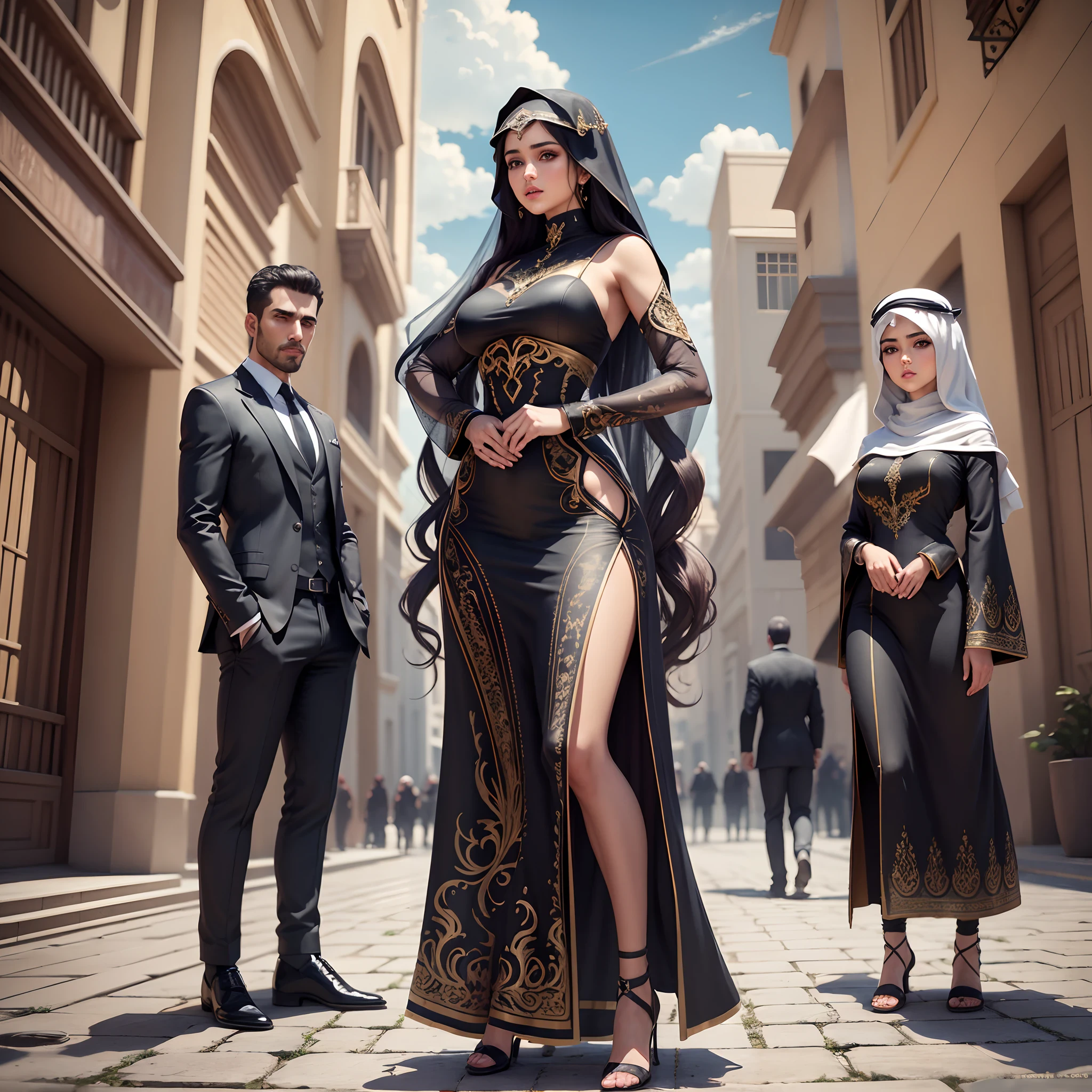 ultra realism,best quality, 8k , detailed, sexy long drees for girl , suit for man , , arab tiny short girl with taller arab man , Perfectionism, full body , tan skin, --auto --s2