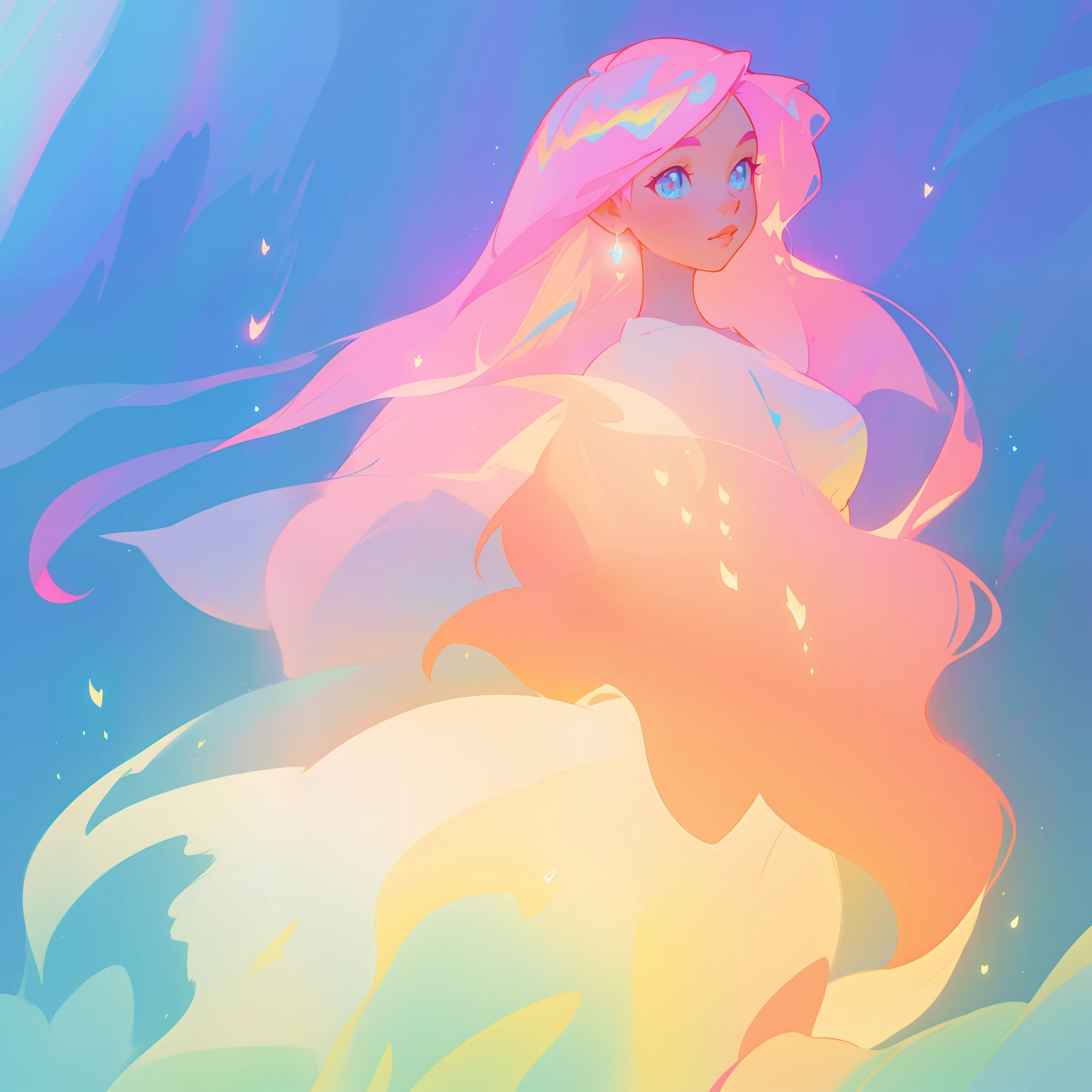 beautiful girl in flowing white dress, looking away, profile view of face, vibrant pastel colors, (colorful), magical lights, long flowing colorful pink hair, inspired by Glen Keane, inspired by Lois van Baarle, disney art style, by Lois van Baarle, glowing aura around her, by Glen Keane, jen bartel, glowing lights! digital painting, flowing glowing hair, glowing flowing hair, beautiful digital illustration, fantasia background, whimsical, magical, fantasy, beautiful face, ((masterpiece, best quality)), intricate details, highly detailed, sharp focus, 8k resolution, sparkling detailed eyes, liquid watercolor