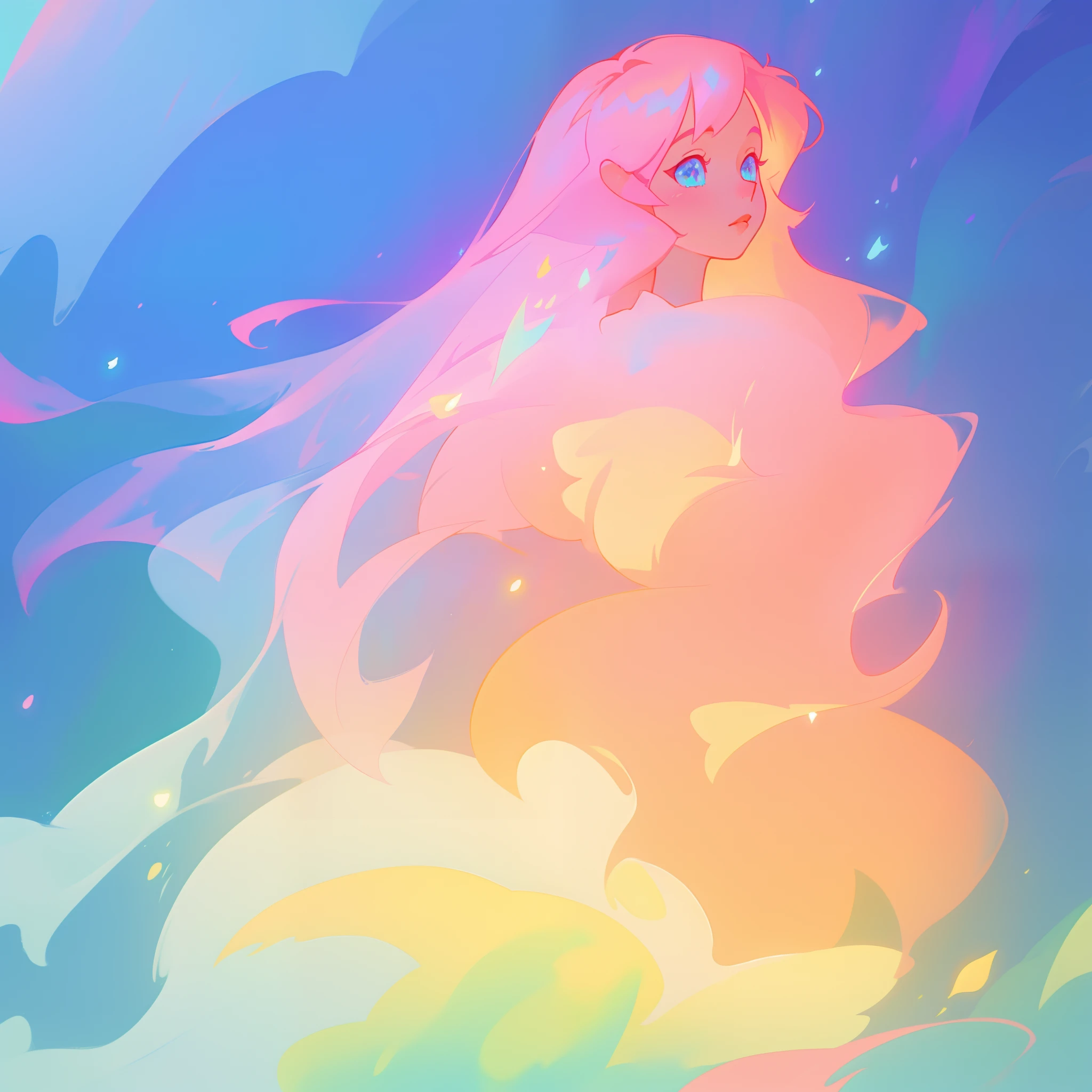 beautiful girl in flowing white dress, looking away, profile view of face, vibrant pastel colors, (colorful), magical lights, long flowing colorful pink hair, inspired by Glen Keane, inspired by Lois van Baarle, disney art style, by Lois van Baarle, glowing aura around her, by Glen Keane, jen bartel, glowing lights! digital painting, flowing glowing hair, glowing flowing hair, beautiful digital illustration, fantasia background, whimsical, magical, fantasy, beautiful face, ((masterpiece, best quality)), intricate details, highly detailed, sharp focus, 8k resolution, sparkling detailed eyes, liquid watercolor