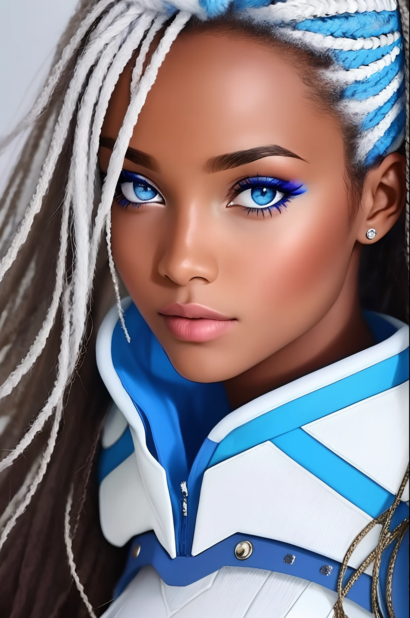 Fille metisse avec des cheveux blanc et court, des yeux bleu dans l'attaque des titans