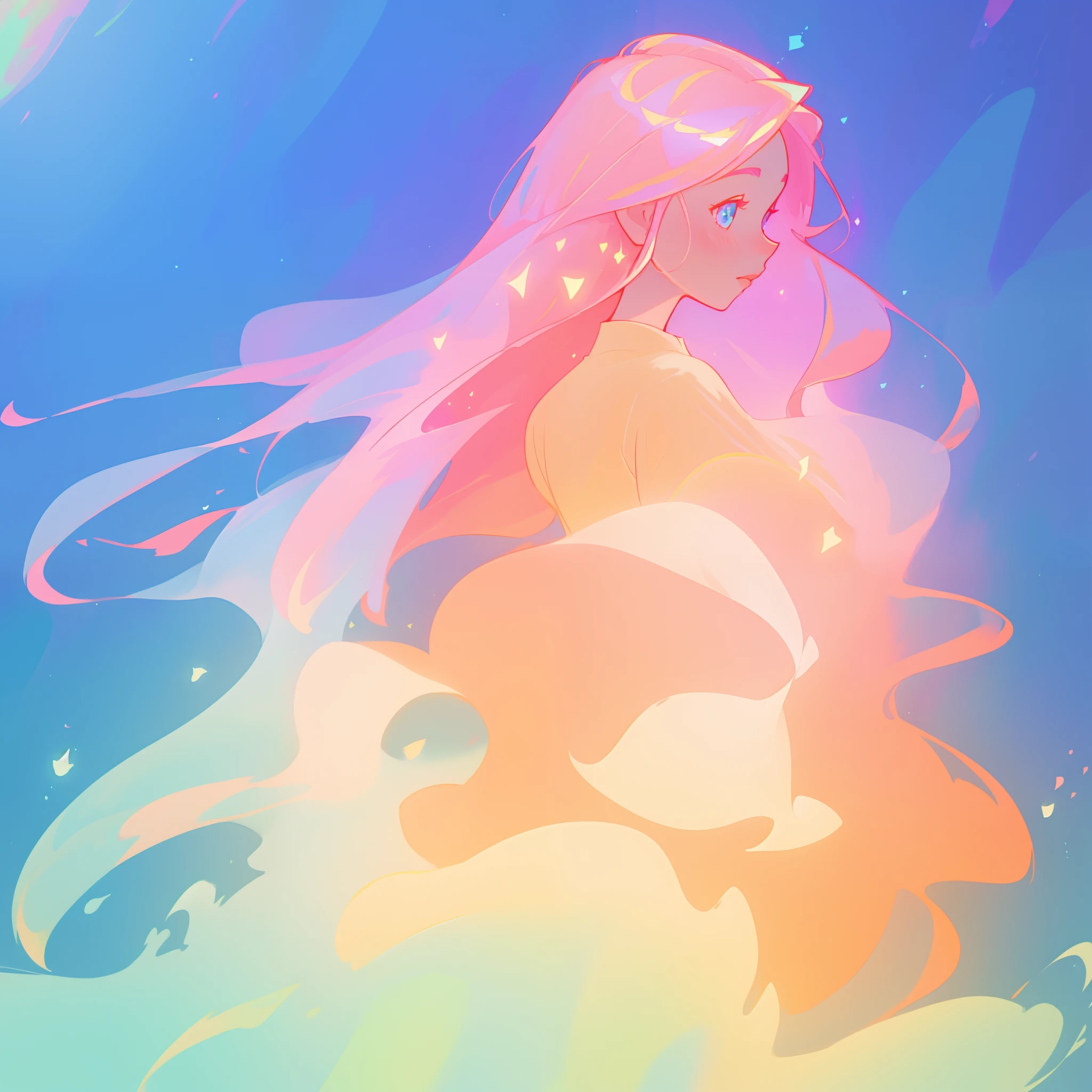 beautiful girl in flowing white dress, looking away, profile view of face, vibrant pastel colors, (colorful), magical lights, long flowing colorful pink hair, inspired by Glen Keane, inspired by Lois van Baarle, disney art style, by Lois van Baarle, glowing aura around her, by Glen Keane, jen bartel, glowing lights! digital painting, flowing glowing hair, glowing flowing hair, beautiful digital illustration, fantasia background, whimsical, magical, fantasy, beautiful face, ((masterpiece, best quality)), intricate details, highly detailed, sharp focus, 8k resolution, sparkling detailed eyes, liquid watercolor