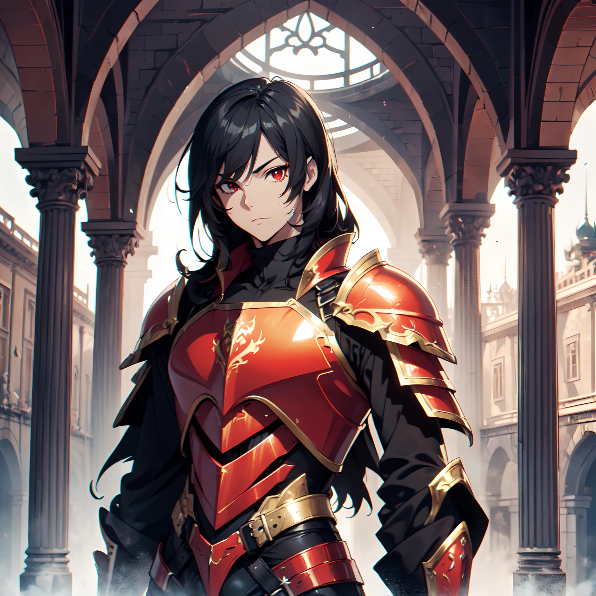 Young guy, Long black hair, red eyes, red tattoo on face, demon armor, daedric armor, Rage, Masterpiece, highly quality