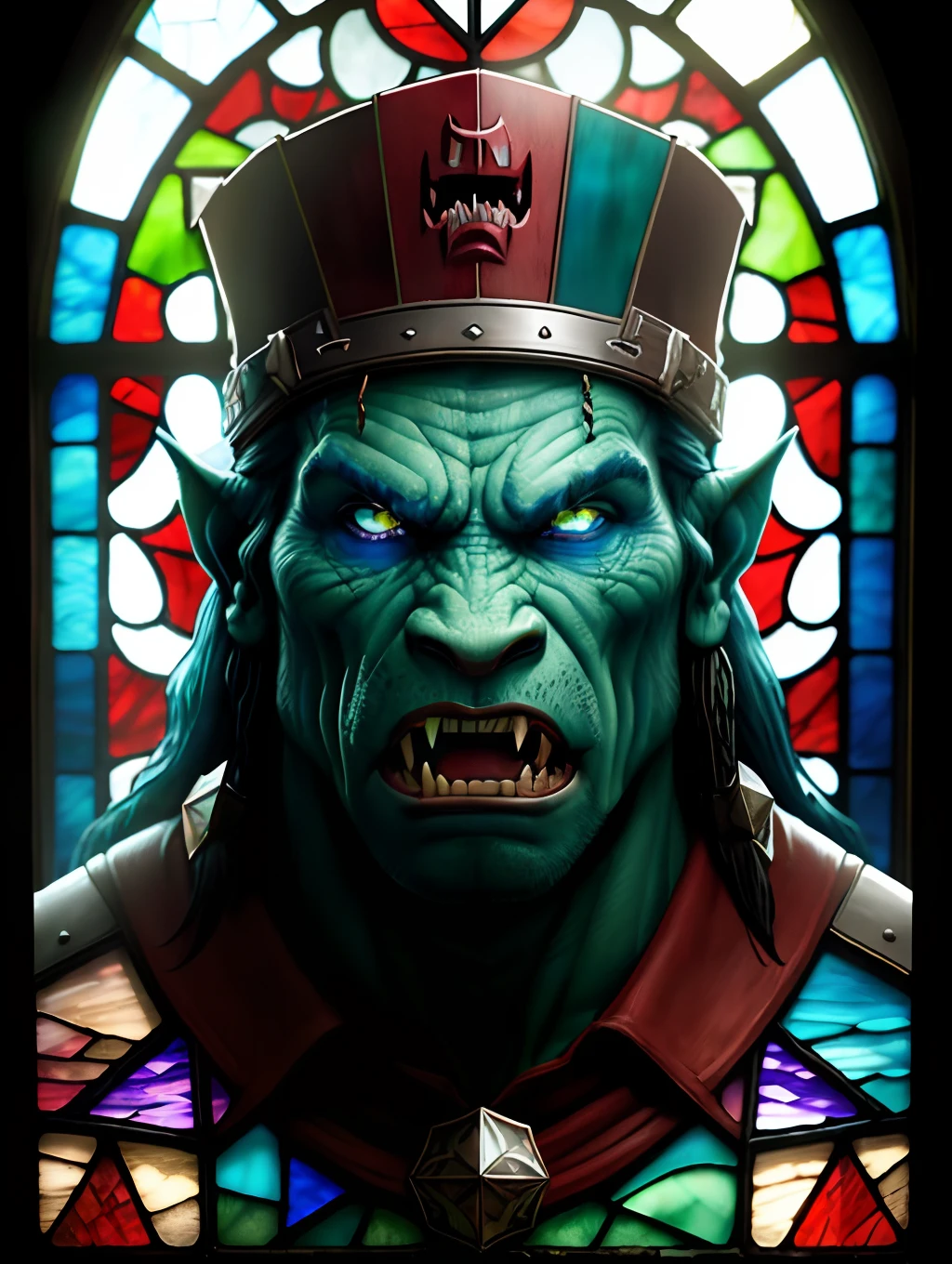 Primitive looking stained glass window with large chunks of glass depicting an orc with cyan eyes and large tusks and fangs, cartoon