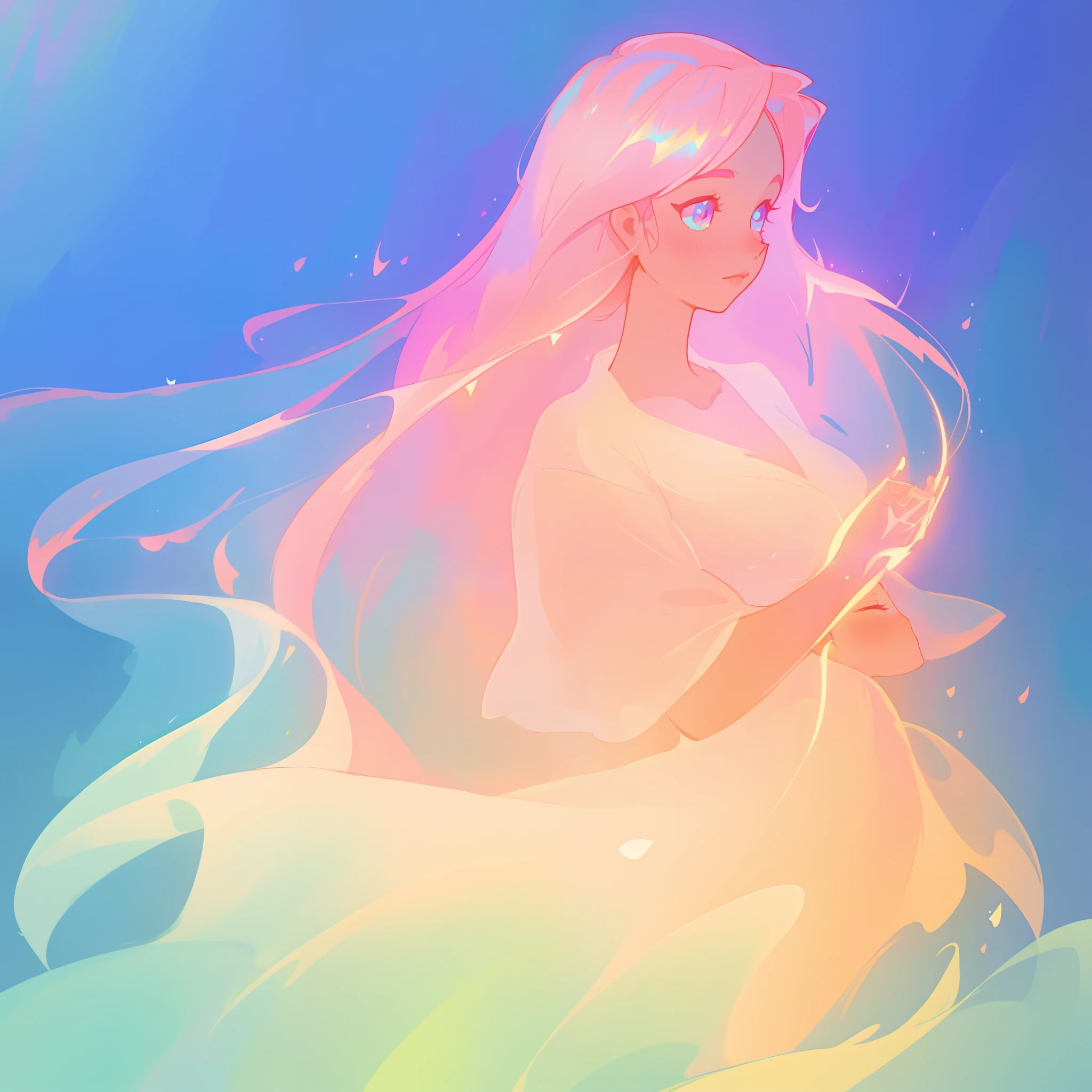 beautiful girl in flowing white dress, looking away, profile view of face, vibrant pastel colors, (colorful), magical lights, long flowing colorful pink hair, inspired by Glen Keane, inspired by Lois van Baarle, disney art style, by Lois van Baarle, glowing aura around her, by Glen Keane, jen bartel, glowing lights! digital painting, flowing glowing hair, glowing flowing hair, beautiful digital illustration, fantasia background, whimsical, magical, fantasy, beautiful face, ((masterpiece, best quality)), intricate details, highly detailed, sharp focus, 8k resolution, sparkling detailed eyes, liquid watercolor