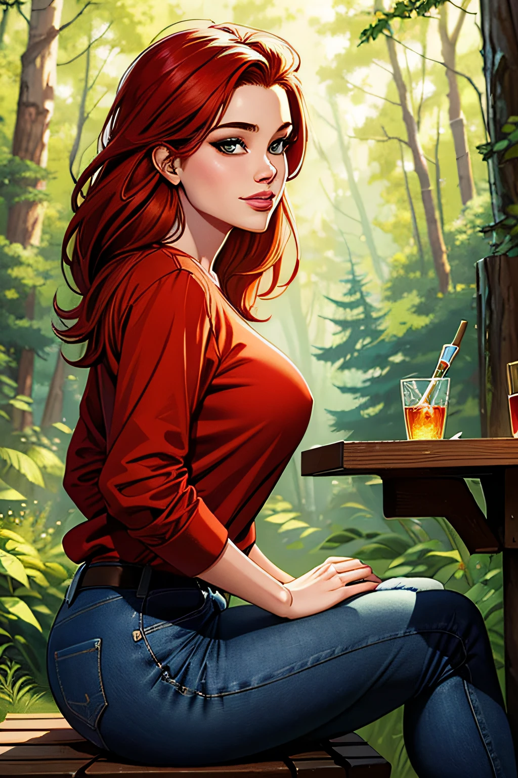 (masterpiece, best quality), a woman sitting on a bench in a forest, small hair, red lumberjack shirt, jeans, forest, looking at viewer, large breasts, from side, smirk, highly detailed illustration, redhead, young beautiful girl, comic digital art,