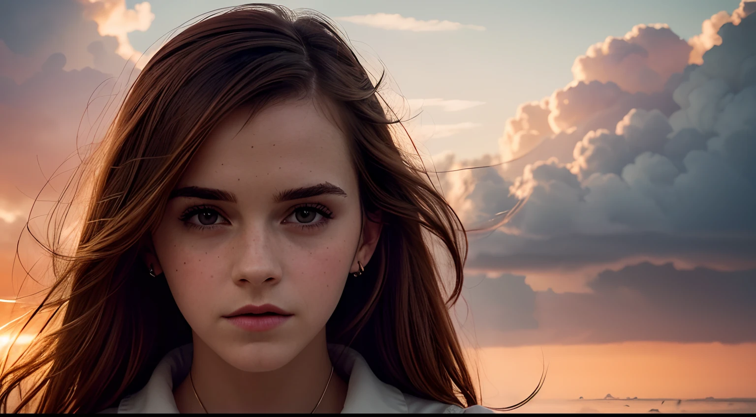 Emma Watson,plane,beautiful detailed eyes,beautiful detailed lips,extremely detailed eyes and face,longeyelashes,portrait,highres,photorealistic,fantasy,colorful,dreamy lighting,clouds,flying at sunset,adventure,vivid colors,misty atmosphere,peaceful scenery,soft pastel colors,airborne.