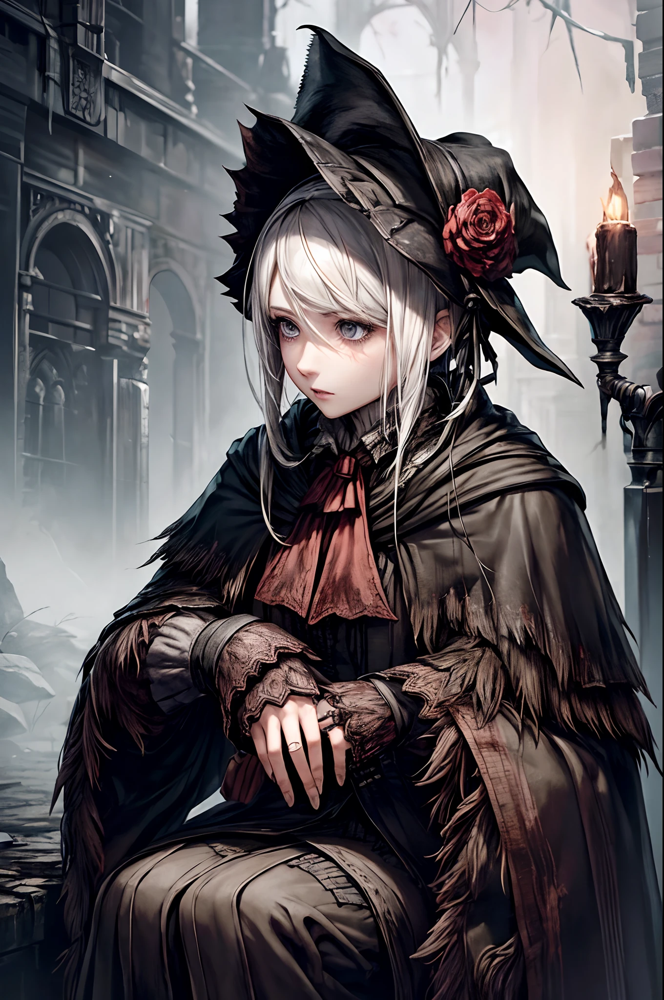 ((Bloodborne Doll)), #anime
#character
#bloodborne
#female
#woman
#game character
#video game
plaindoll, white hair, doll joints
bonnet, brown cloak, long dress, red ascot