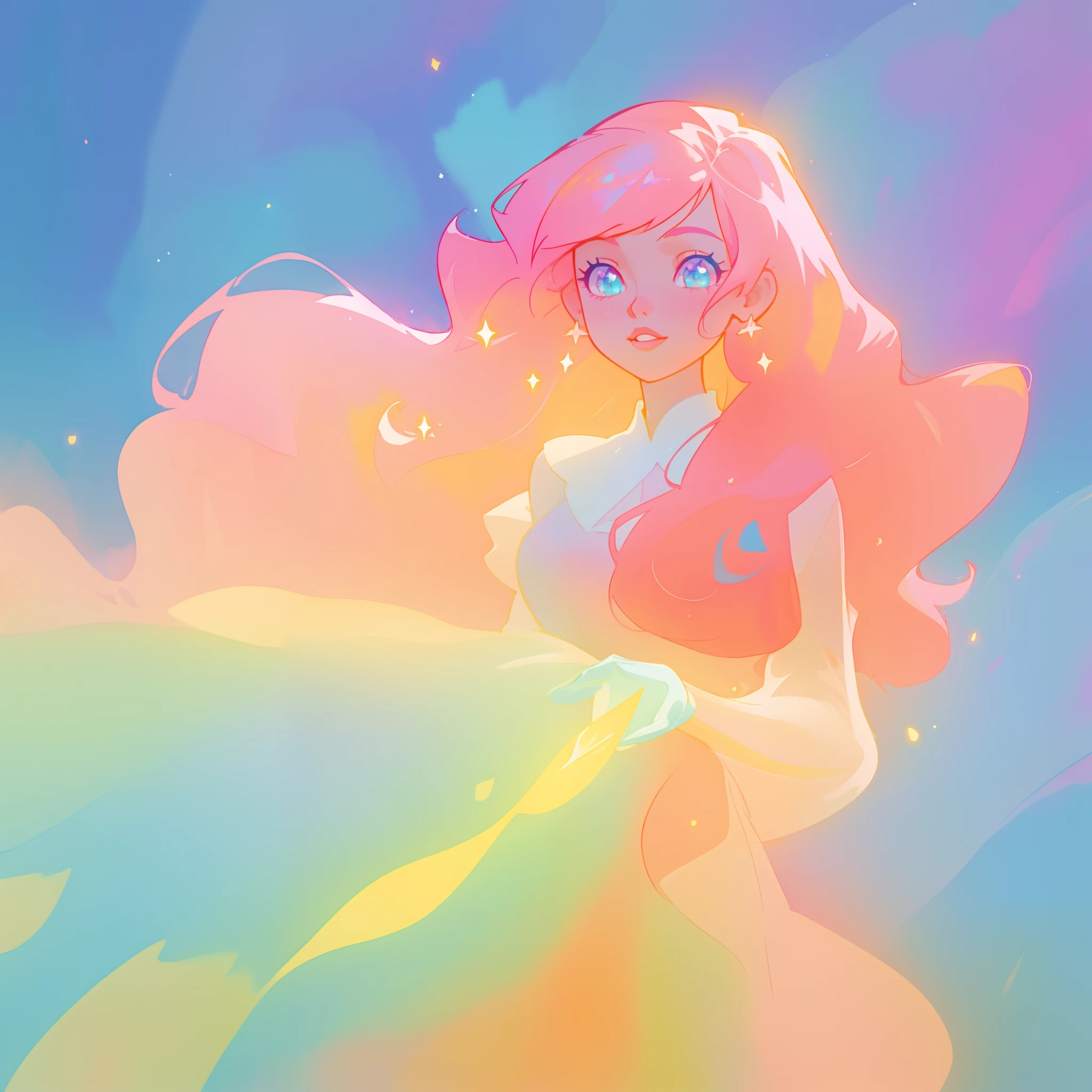 beautiful girl in colorful ballgown, long wavy peach pink hair, vibrant pastel colors, (colorful), colorful watercolor background, ethereal, magical lights, sparkling liquid light, inspired by Glen Keane, inspired by Lois van Baarle, disney art style, by Lois van Baarle, glowing aura around her, by Glen Keane, jen bartel, glowing lights! digital painting, flowing glowing hair, glowing flowing hair, beautiful digital illustration, fantasia background, whimsical, magical, fantasy, beautiful face, ((masterpiece, best quality)), intricate details, highly detailed, sharp focus, 8k resolution, sparkling detailed eyes, liquid watercolor