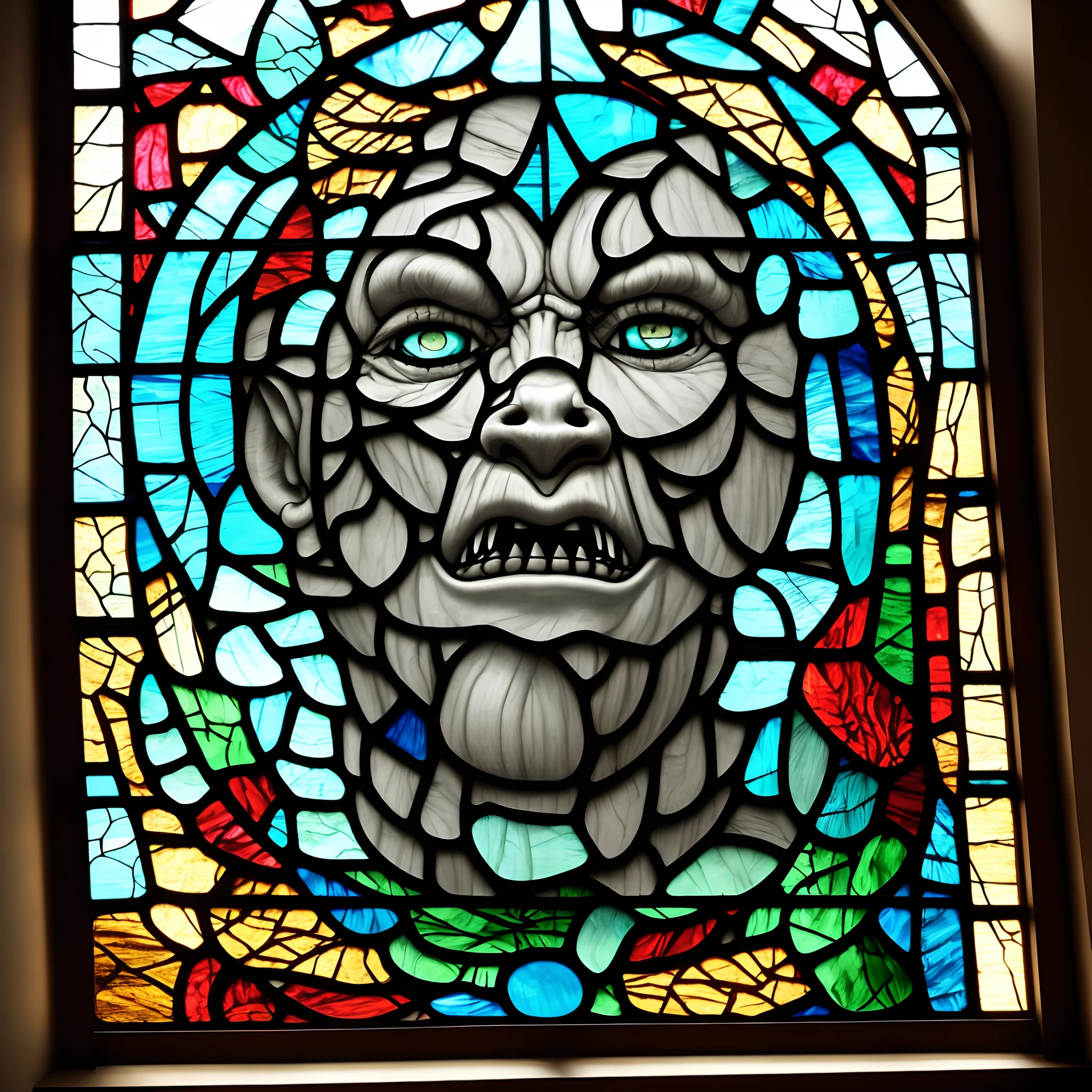 Primitive looking stained glass window with large chunks of glass depicting an orc with cyan eyes and tusks, cartoon