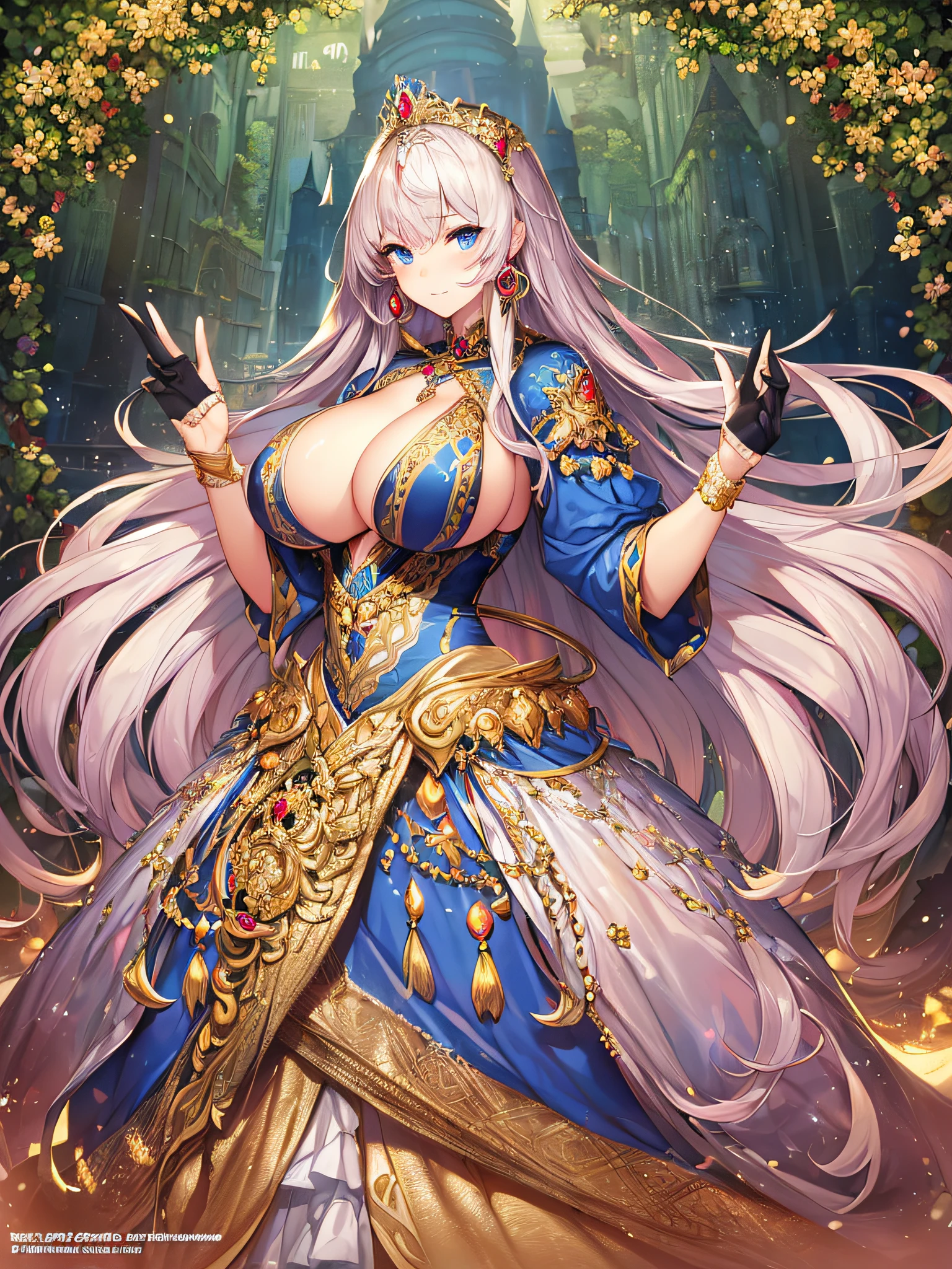 anime artstyle,official art,Masterpiece,Best Quality,Super Detail,Very Delicate and Beautiful,Solo,full body,full body portrait,((detailed face and eyes)),jewel-like beautiful eyes,((1 princess in a beautiful embroidery and jeweled rococo ballgown with voluminous full length hoop skirt)),((fantasy castle,outdoors,outside the castle)),((Crinoline,Long Train)),super detailed gorgeous princess ballgown with voluminous full length hoop skirt,,jeweled Gorgeous princess rococo ballgown with long train,jeweled Gorgeous rococo ballgown with long trains,gorgeous rococo ballgown with beautiful embroidery and jeweled,((large amount of straight hair,extremely voluminous Very Long Hair,Absolutely Long Straight Hair)),(((very gigantic ,sagging boobsrm cover,extremely gorgeousfull hair ornament,bling-bling extremely gorgeousfull jeweled tiara,luxurious jewelry,full body