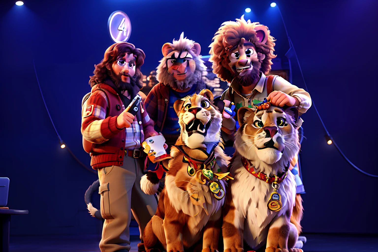 disney pixar style poster, 3d rendering, four lions, production photo, four dirty lions